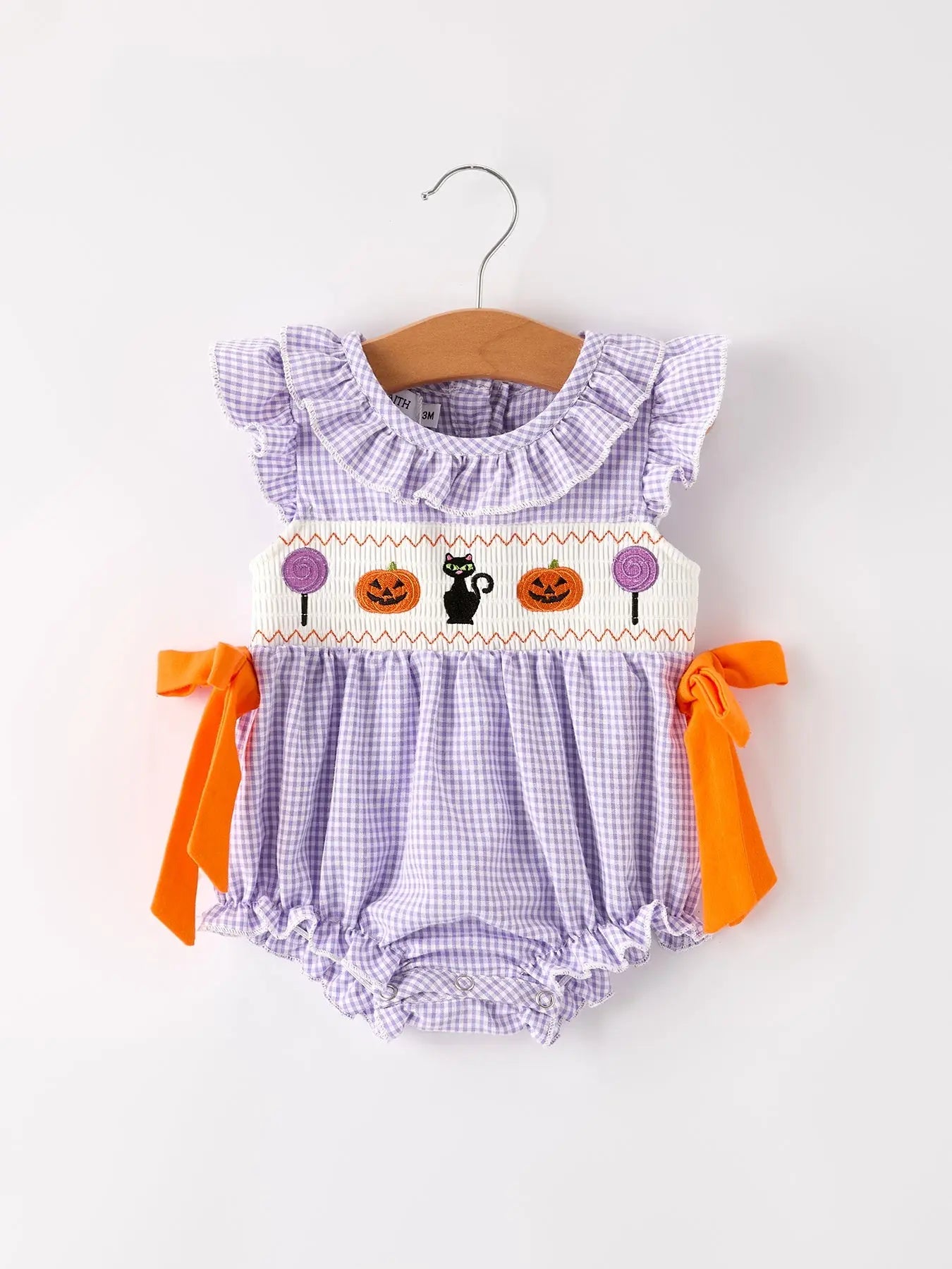 Fall Halloween Purple Balloon Pumpkin Cat Smock Embroidery Baby Girl Romper Rylee Faith Designs