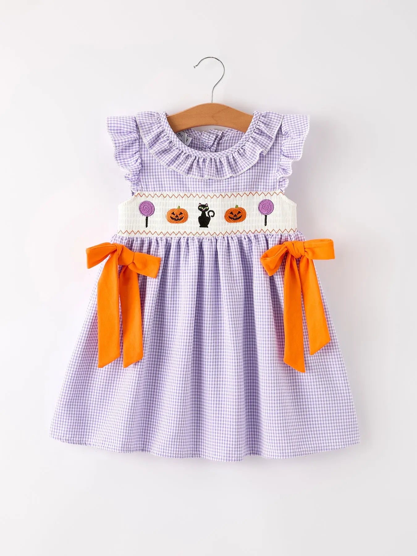 Fall Halloween Purple Balloon Pumpkin Cat Smock Embroidery Baby Girl Dress Rylee Faith Designs