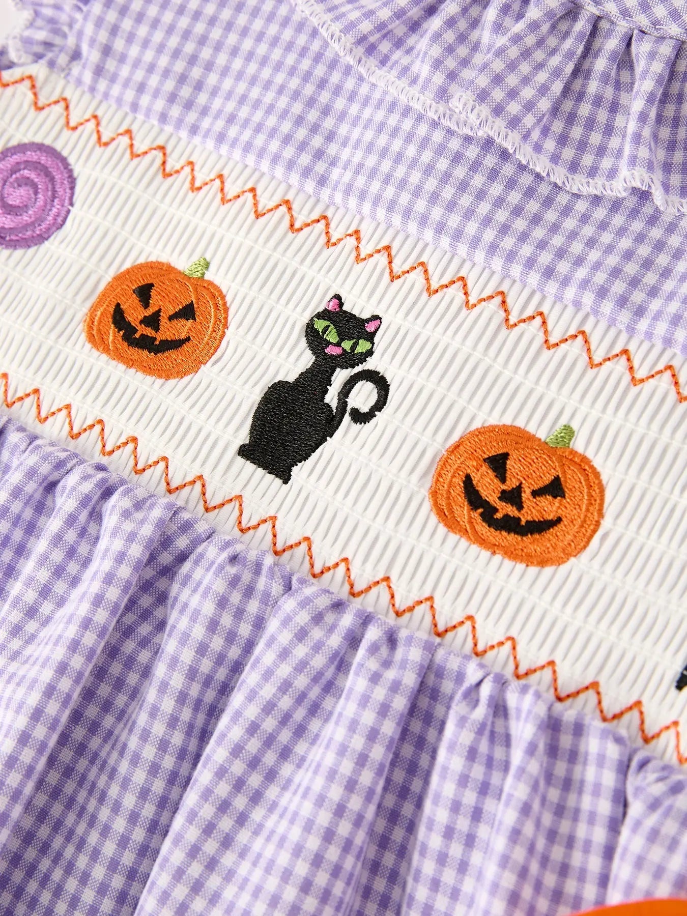 Fall Halloween Purple Balloon Pumpkin Cat Smock Embroidery Baby Girl Dress Rylee Faith Designs