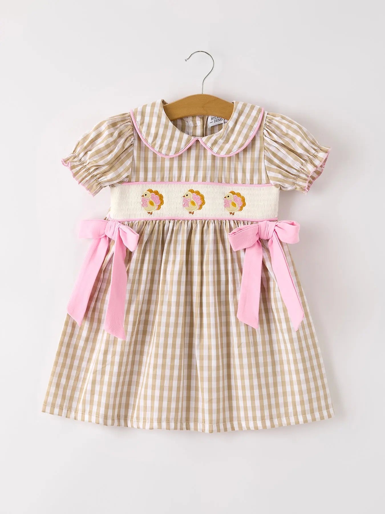 Fall Thanksgiving Baby Girls Dress with Plaid Pattern Chick Embroidery Smocking and Bow Rylee Faith Designs