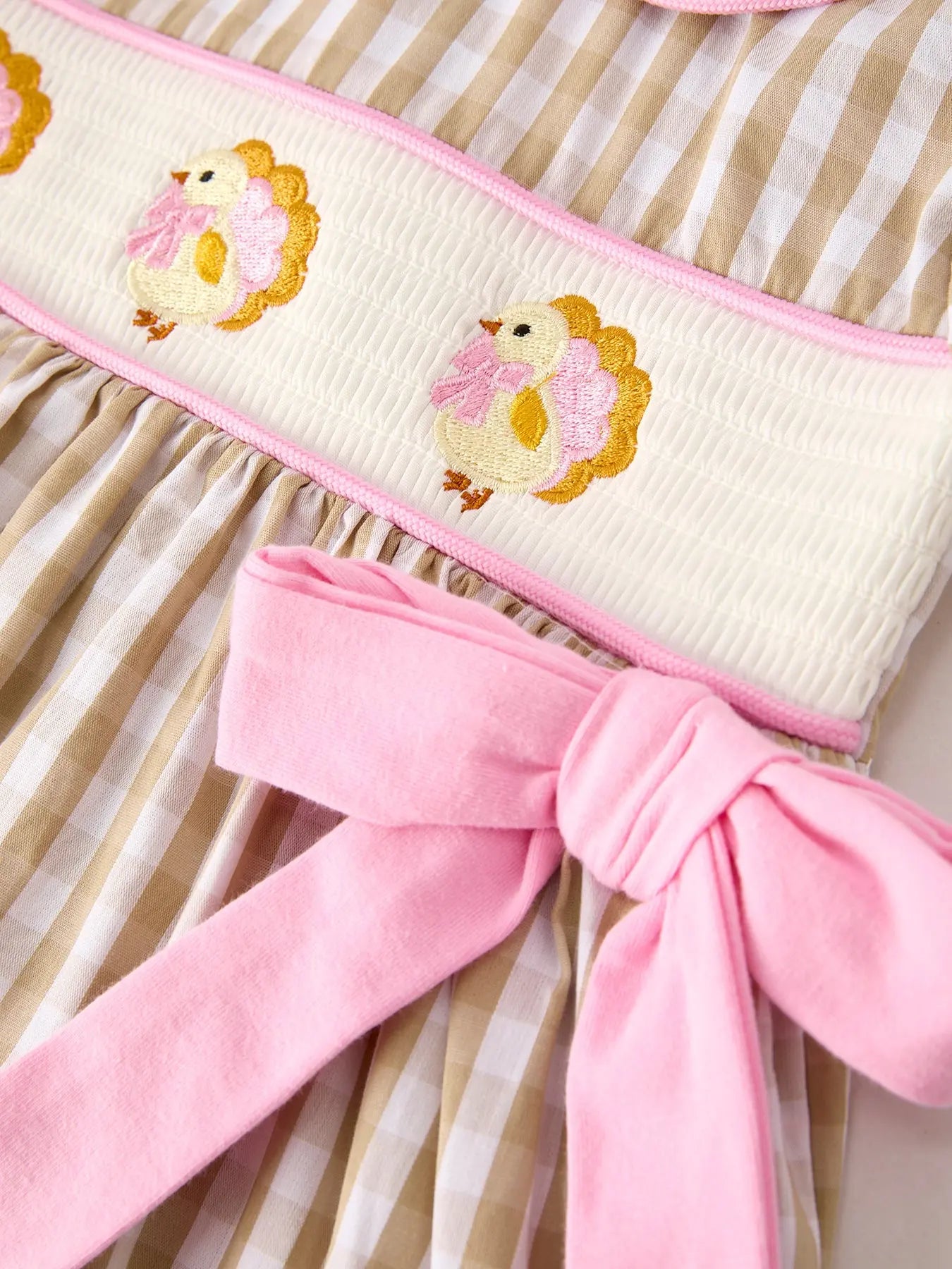 Fall Thanksgiving Baby Girls Dress with Plaid Pattern Chick Embroidery Smocking and Bow Rylee Faith Designs