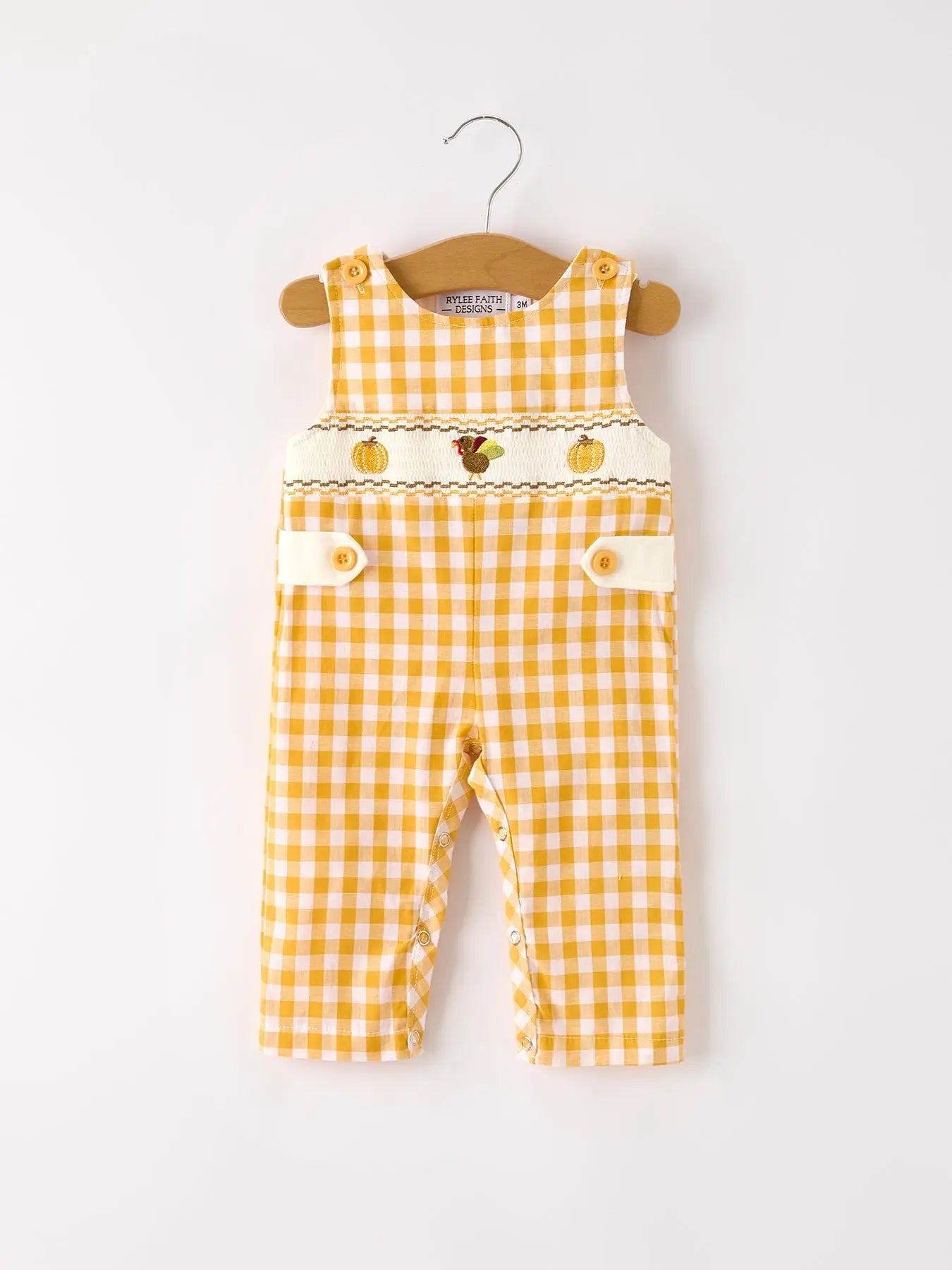 Autumn Thanksgiving Yellow Plaid Turkey Pumpkin Embroidery Smock Boys Romper Rylee Faith Designs
