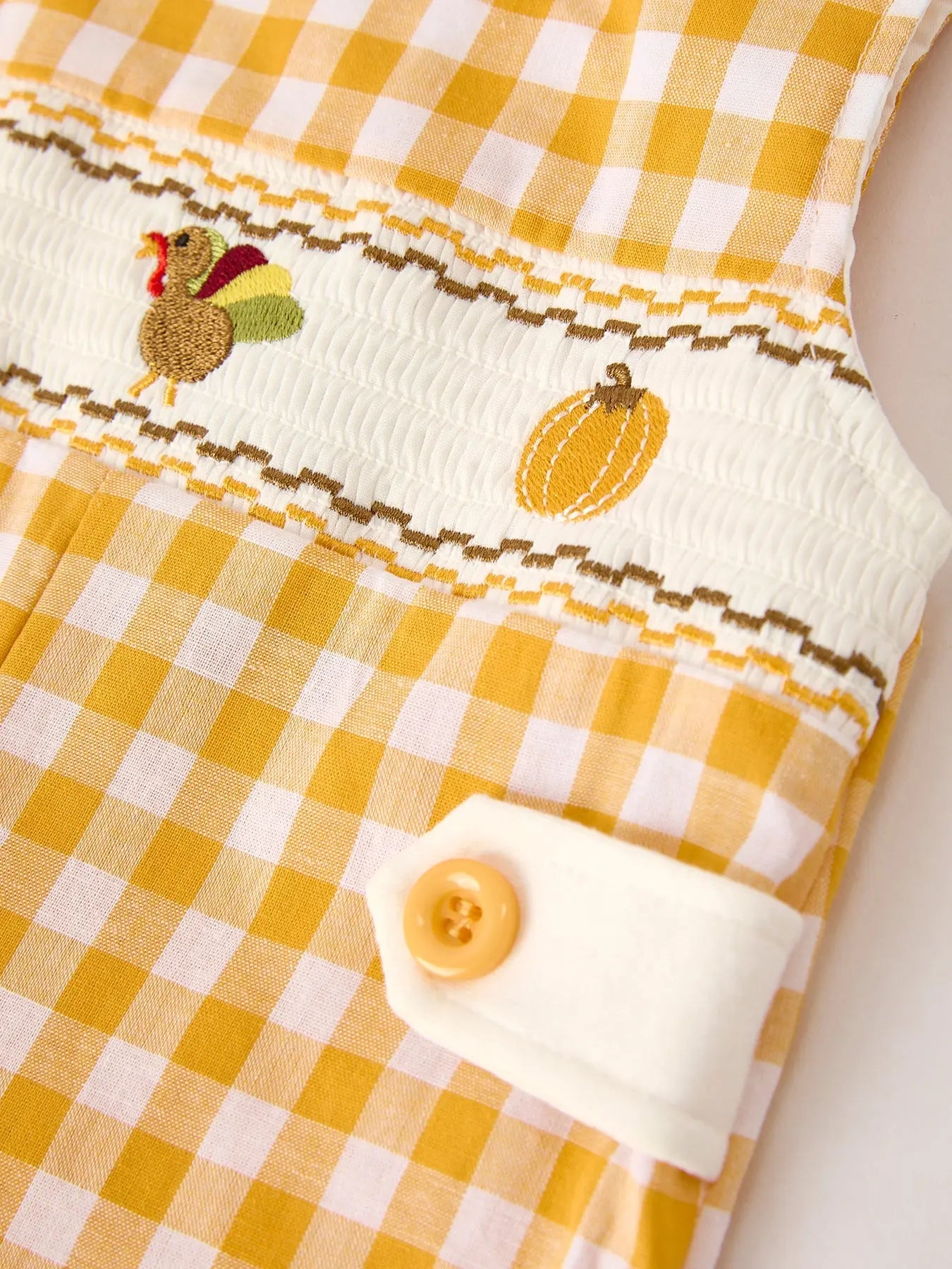 Autumn Thanksgiving Yellow Plaid Turkey Pumpkin Embroidery Smock Boys Romper Rylee Faith Designs
