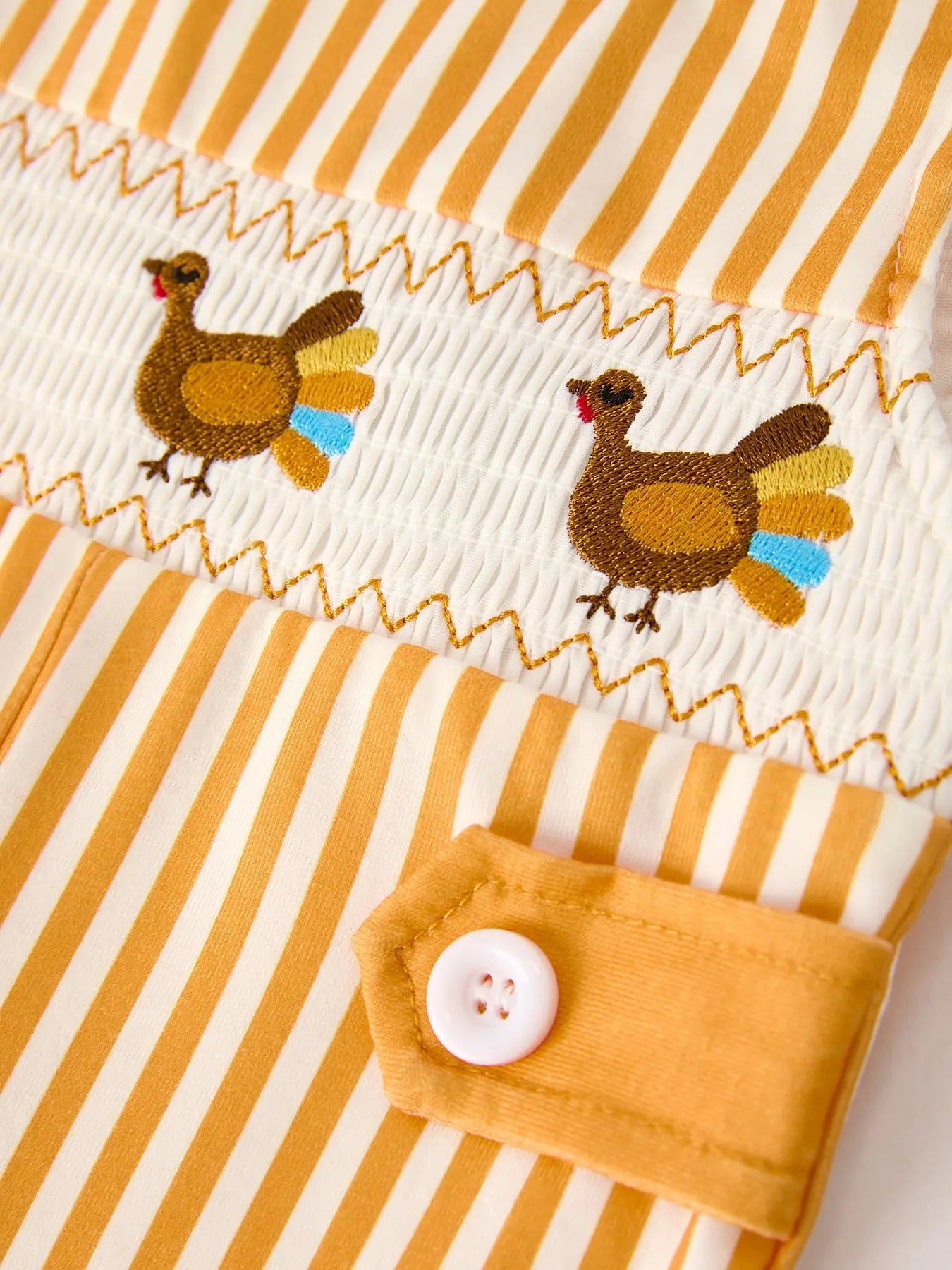 Fall Thanksgiving Chicken Smock Embroidered Orange Stripes Boys Romper Rylee Faith Designs