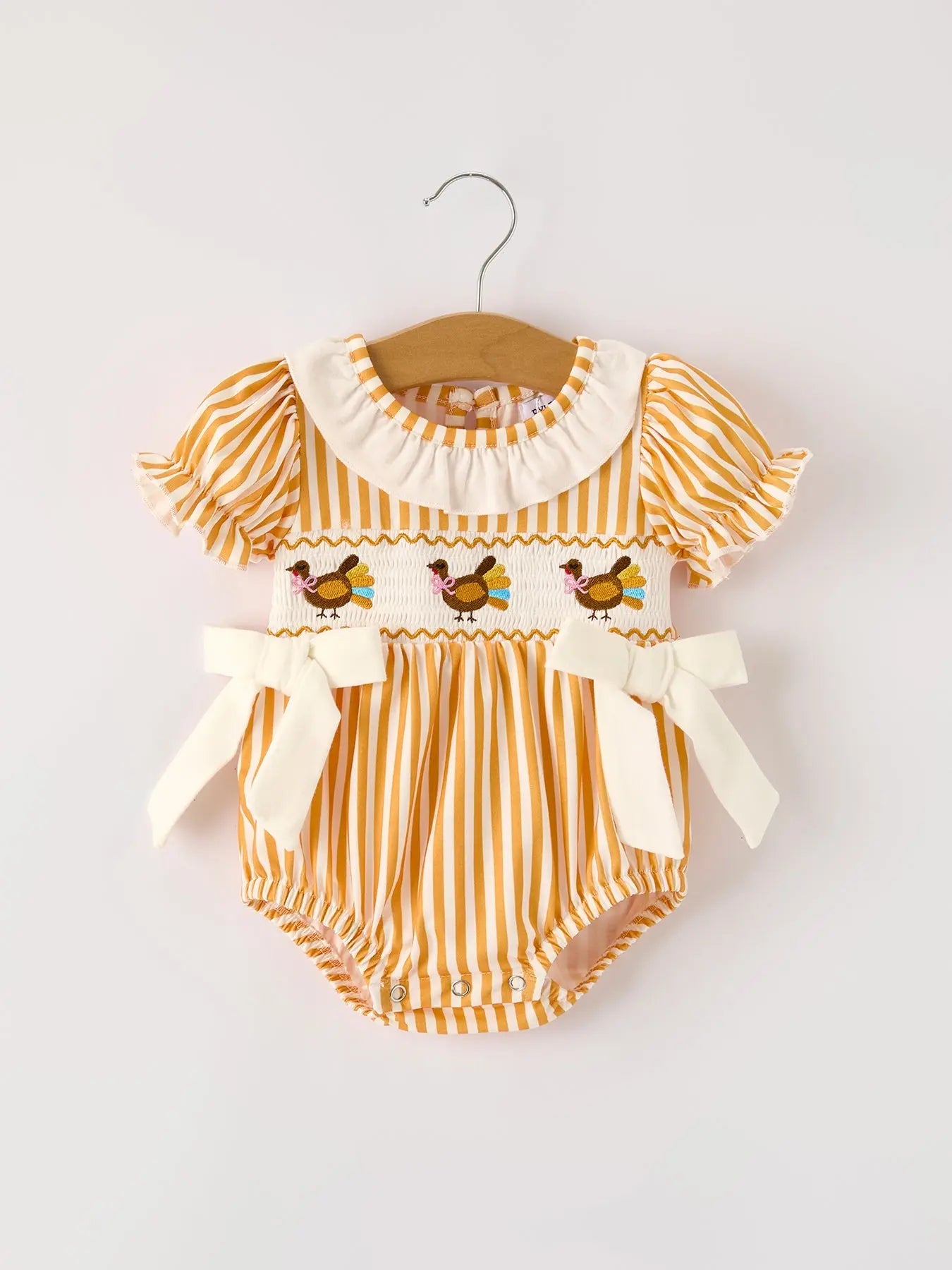 Fall Thanksgiving Chicken Smock Embroidered Orange Stripes Baby Girl Romper Rylee Faith Designs