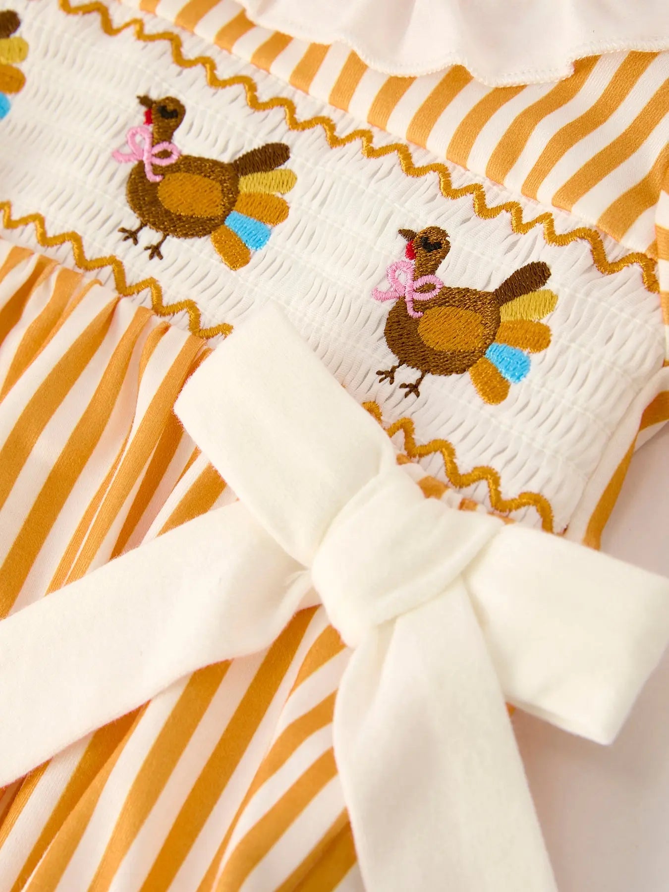 Fall Thanksgiving Chicken Smock Embroidered Orange Stripes Baby Girl Romper Rylee Faith Designs