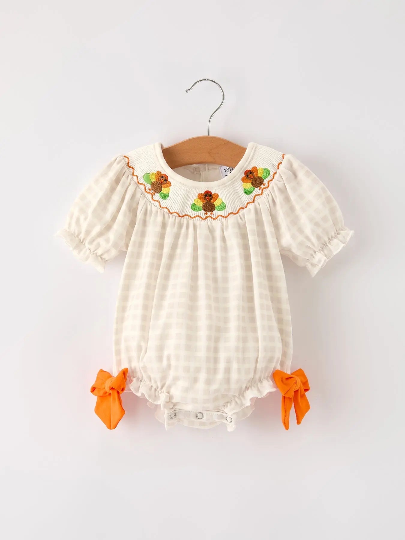 Fall Thanksgiving Apricot Plaid Turkey Embroidery Smocking Baby Girls Romper Rylee Faith Designs
