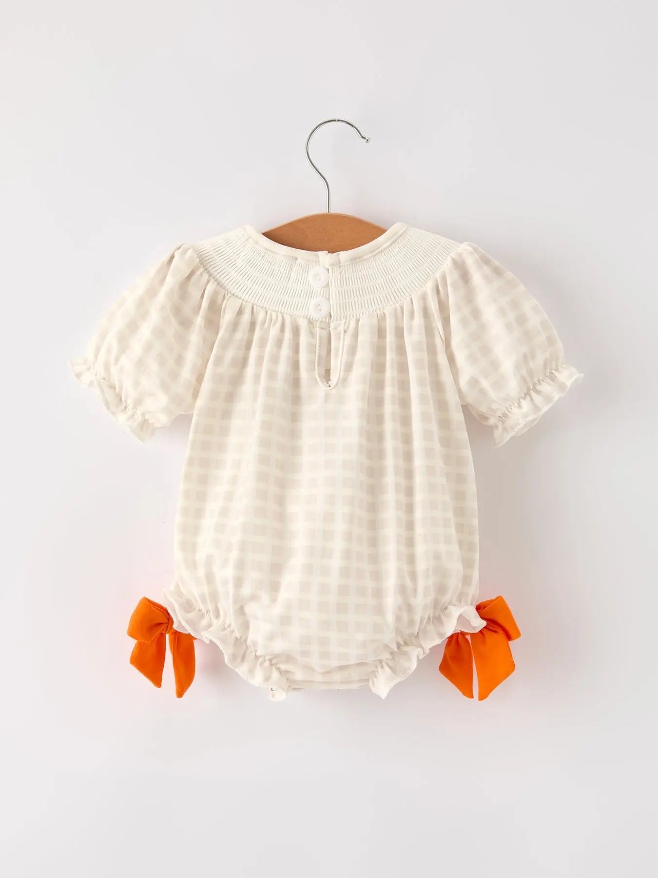 Fall Thanksgiving Apricot Plaid Turkey Embroidery Smocking Baby Girls Romper Rylee Faith Designs
