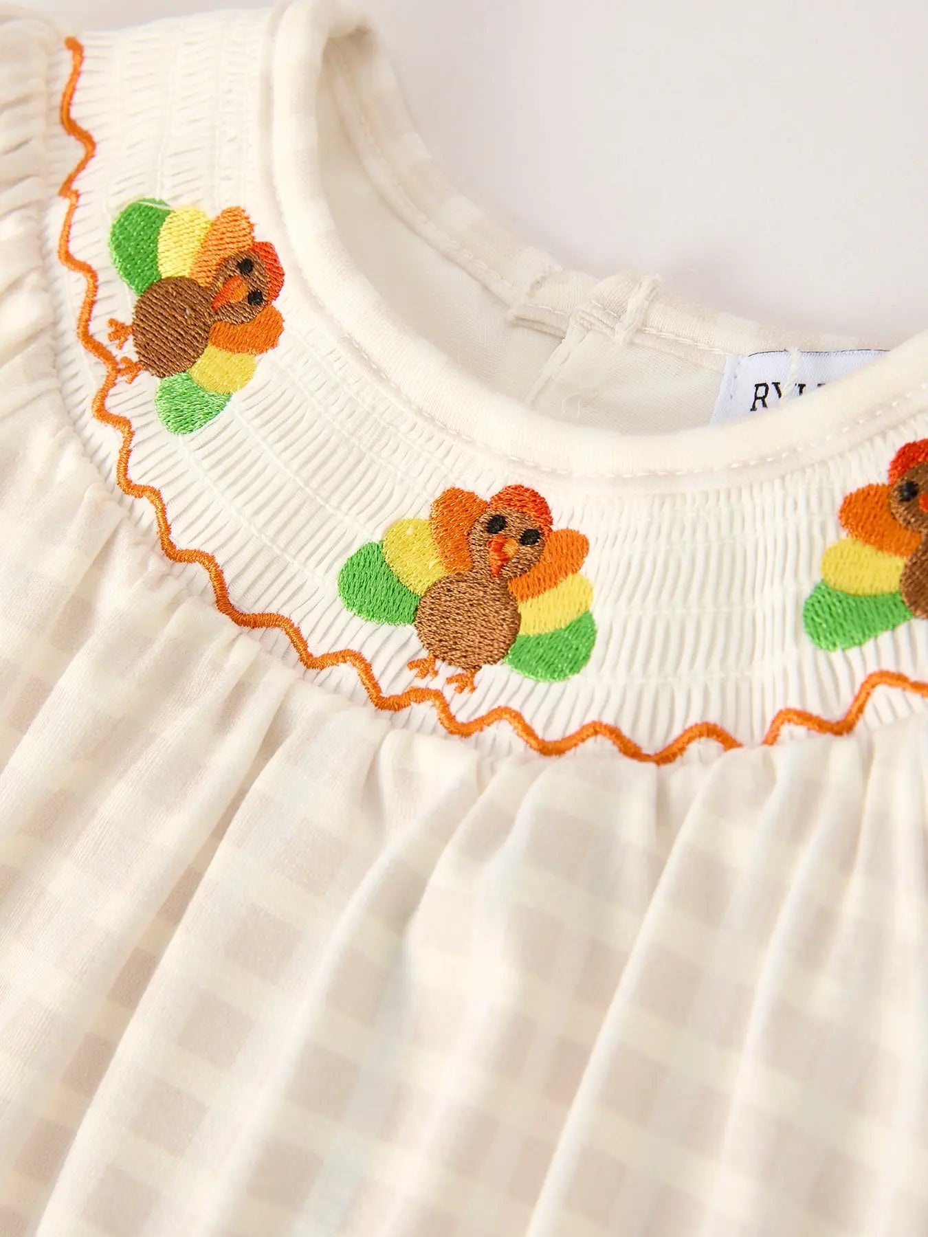 Fall Thanksgiving Apricot Plaid Turkey Embroidery Smocking Baby Girls Romper Rylee Faith Designs