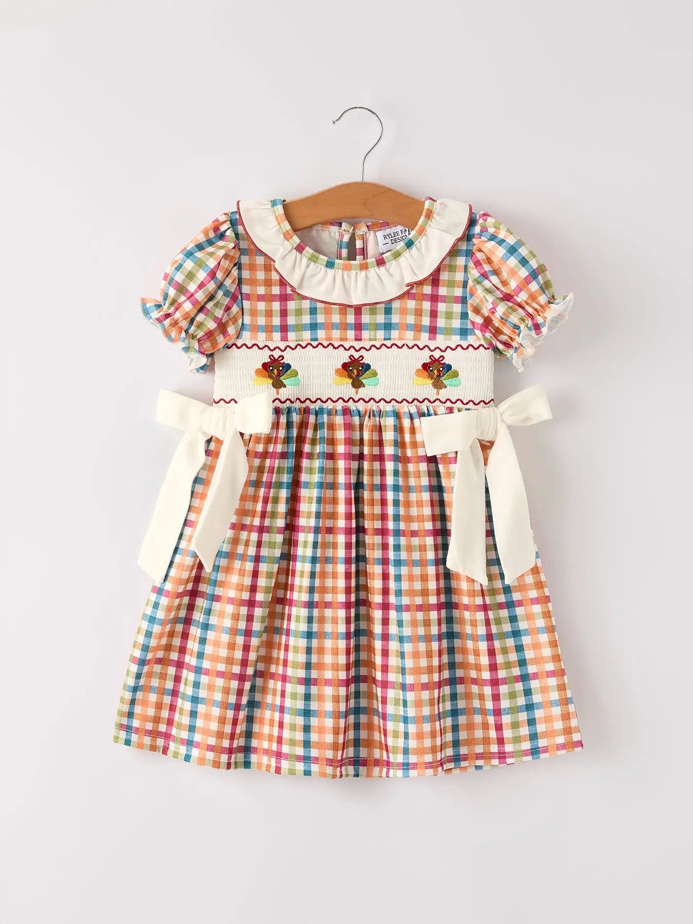 Fall Thanksgiving Color Plaid Chick Embroidery Smocking Girls Dress Rylee Faith Designs