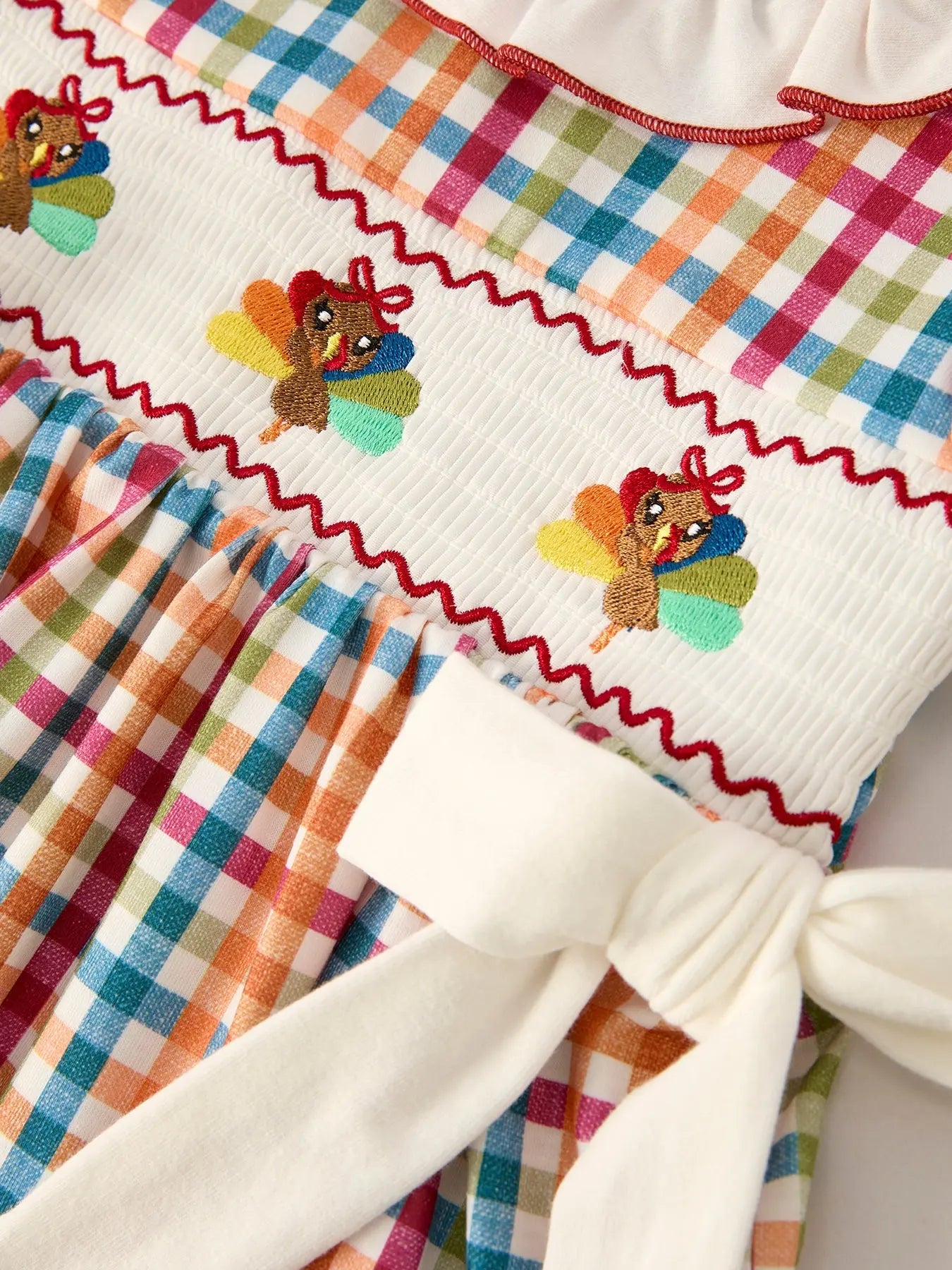 Fall Thanksgiving Color Plaid Chick Embroidery Smocking Girls Dress Rylee Faith Designs