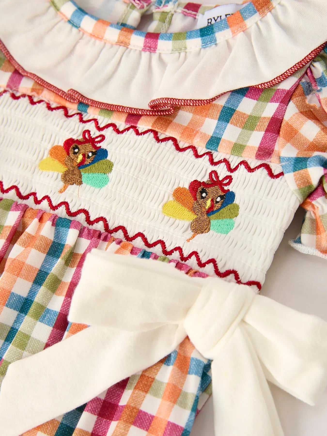 Fall Thanksgiving Plaid Chick Embroidery Smocking Baby Girls Romper Rylee Faith Designs