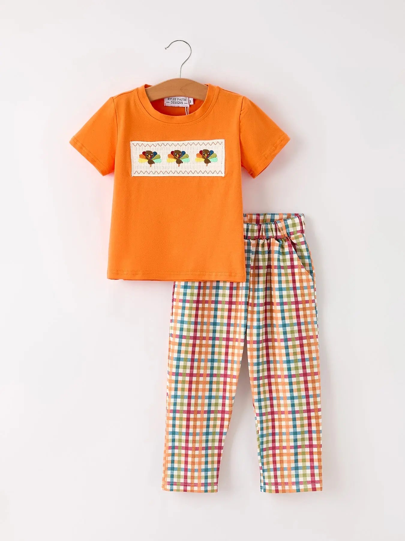 Fall Thanksgiving Color Plaid Chick Embroidery Smocking Boys Set Rylee Faith Designs
