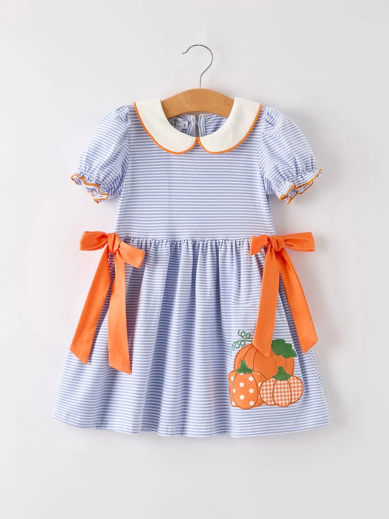 Fall Thanksgiving Halloween Lapel Stripe Pumpkin Applique Bow Girls Dress Rylee Faith Designs