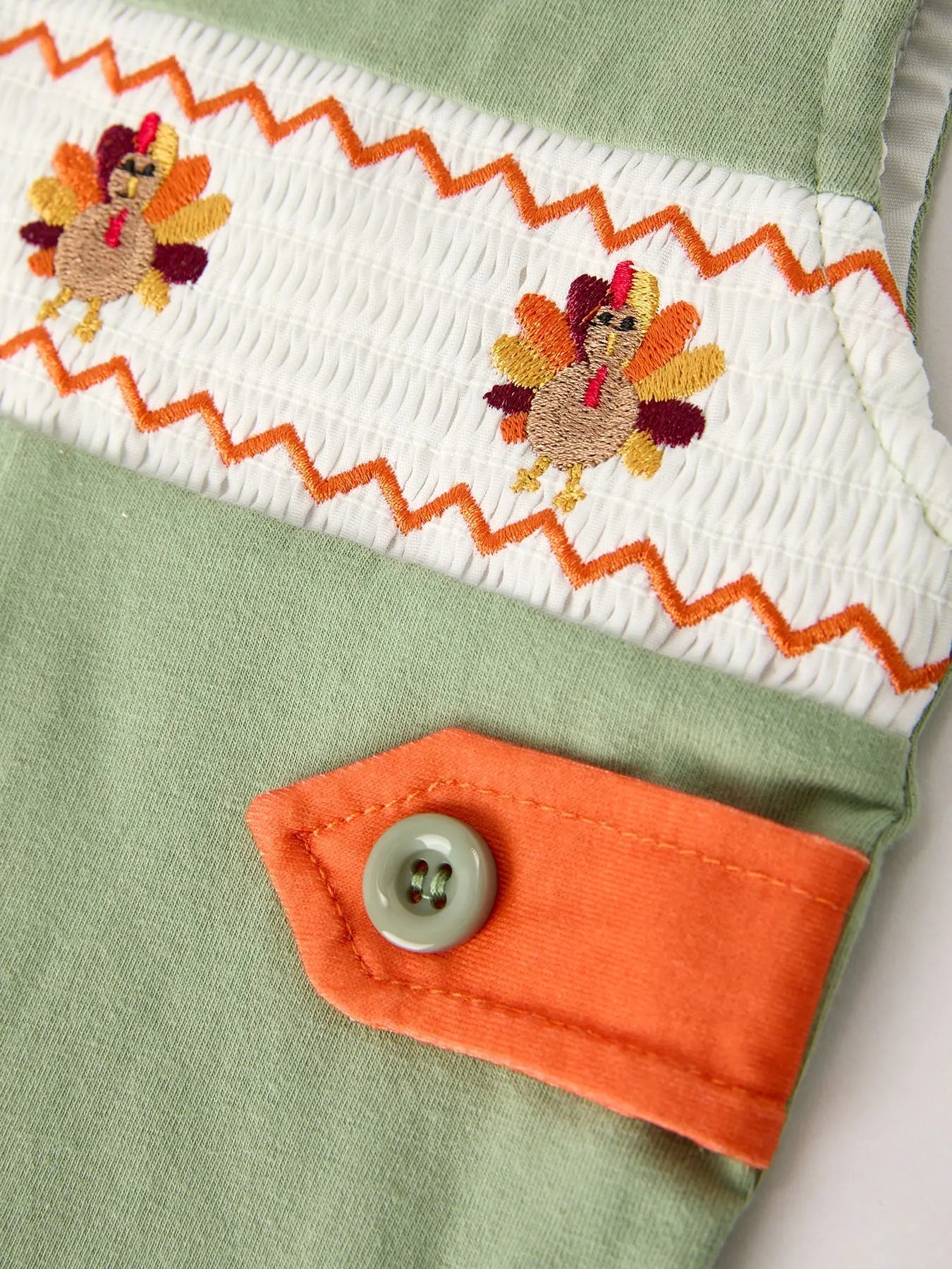 Fall Thanksgiving Chicken Smock Embroidered Green Boys Romper Rylee Faith Designs