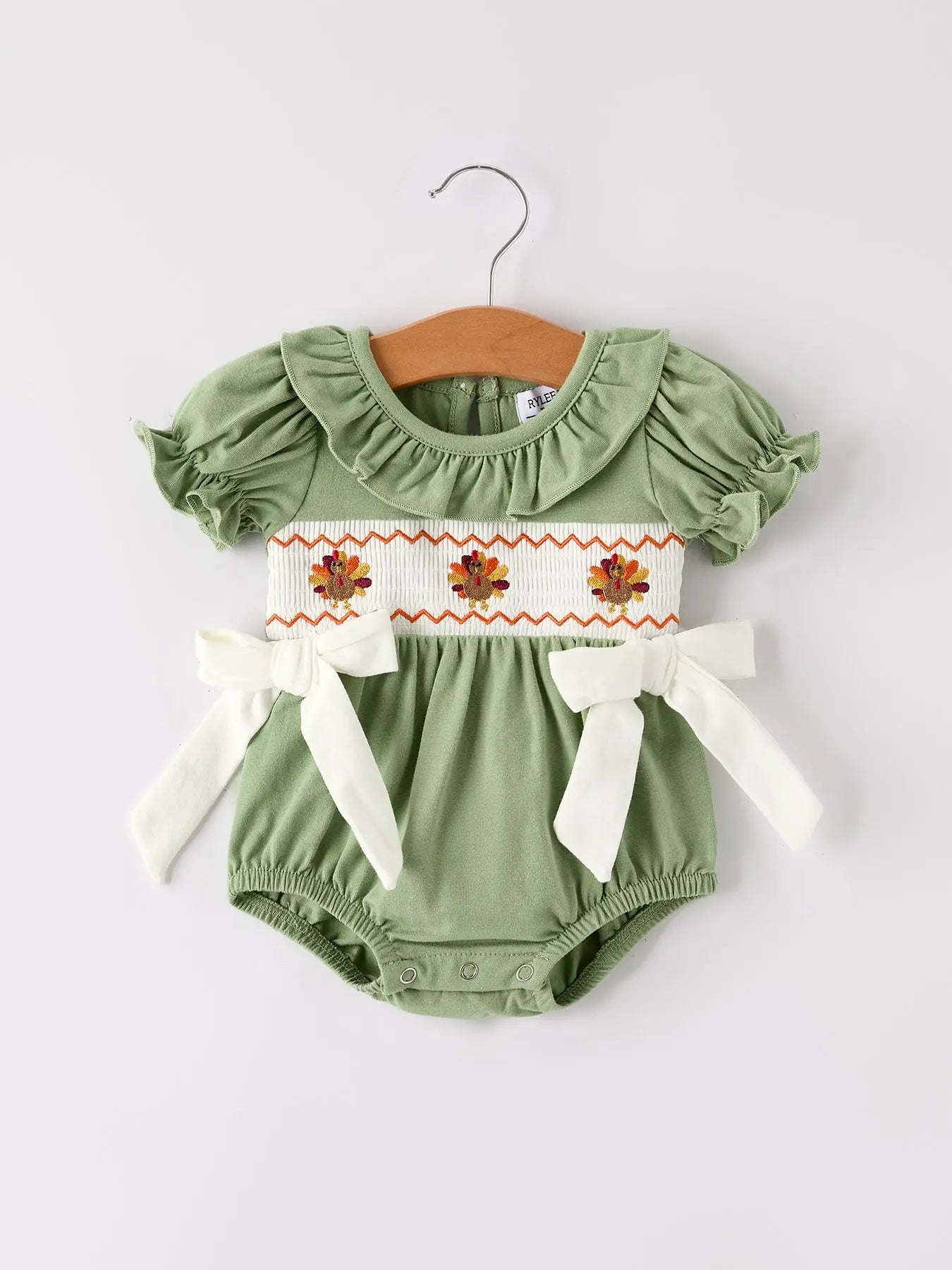 Fall Thanksgiving Chicken Smock Embroidered Green Baby Girl Romper Rylee Faith Designs