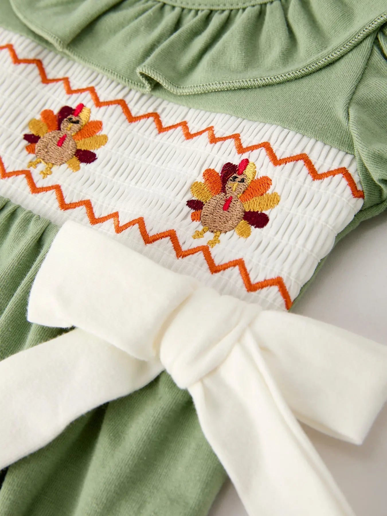 Fall Thanksgiving Chicken Smock Embroidered Green Baby Girl Romper Rylee Faith Designs
