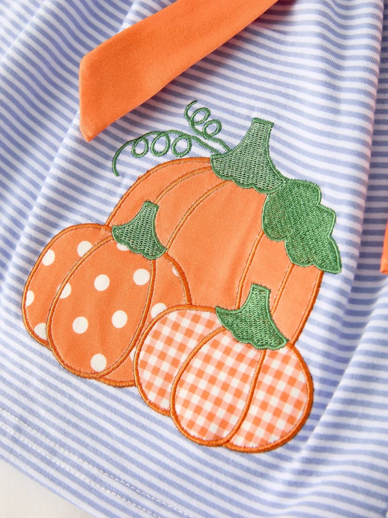Fall Thanksgiving Halloween Lapel Stripe Pumpkin Applique Bow Girls Dress Rylee Faith Designs