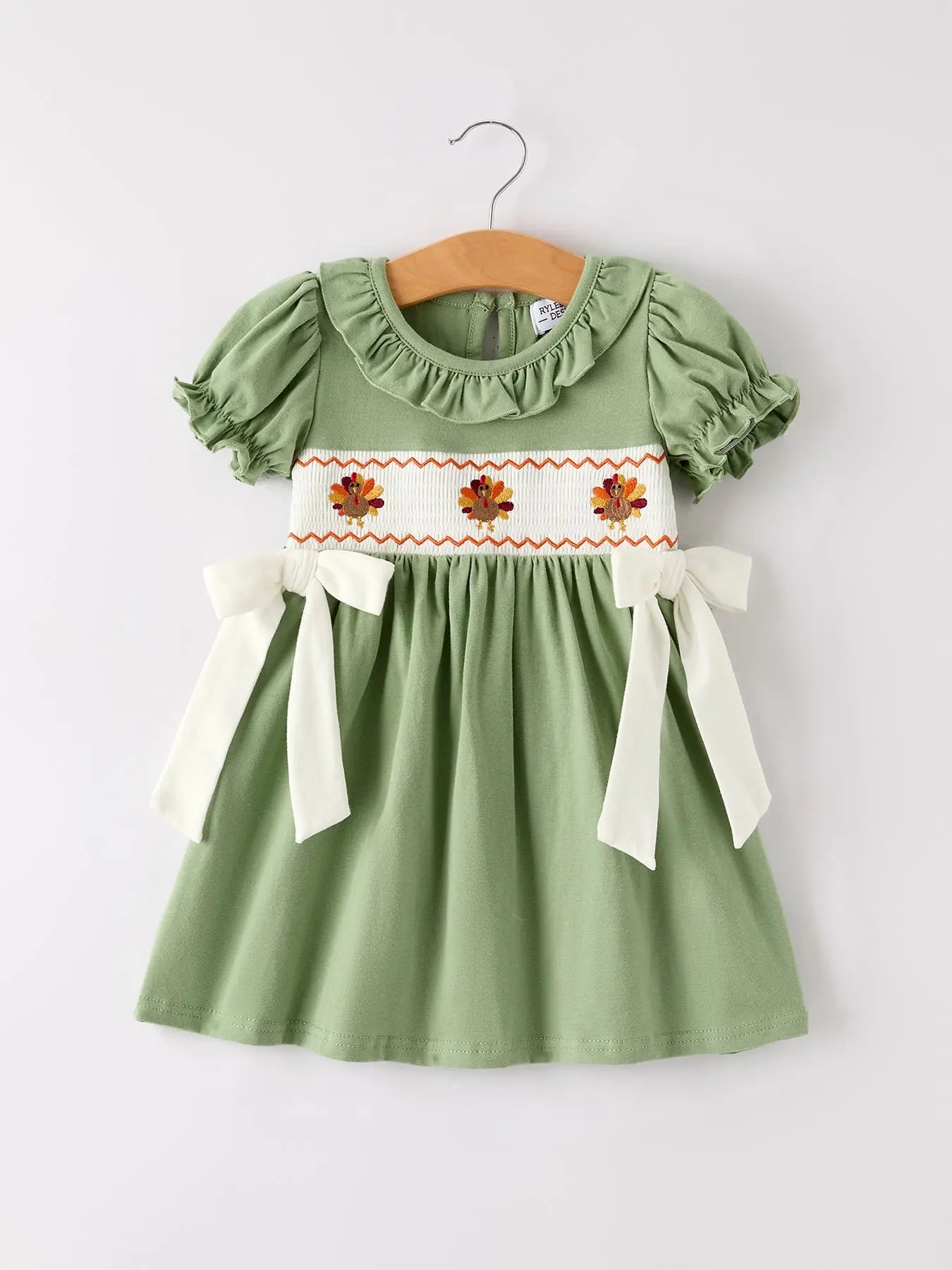 Fall Thanksgiving Chicken Smock Embroidered Green Baby Girl Dress Rylee Faith Designs