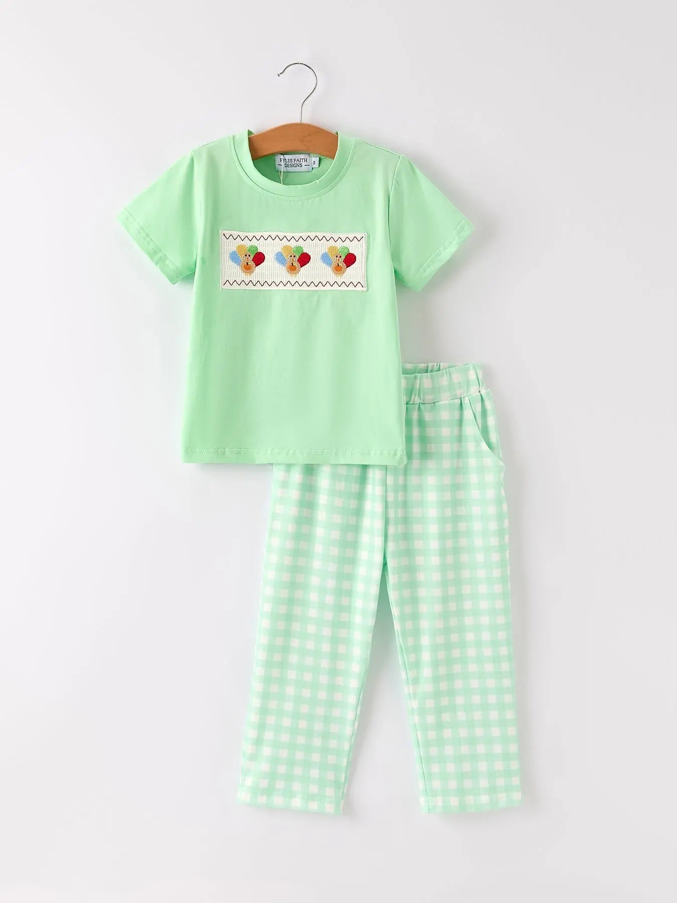 Fall Thanksgiving Green Chicken Smock Embroidered Plaid Boys Set Rylee Faith Designs
