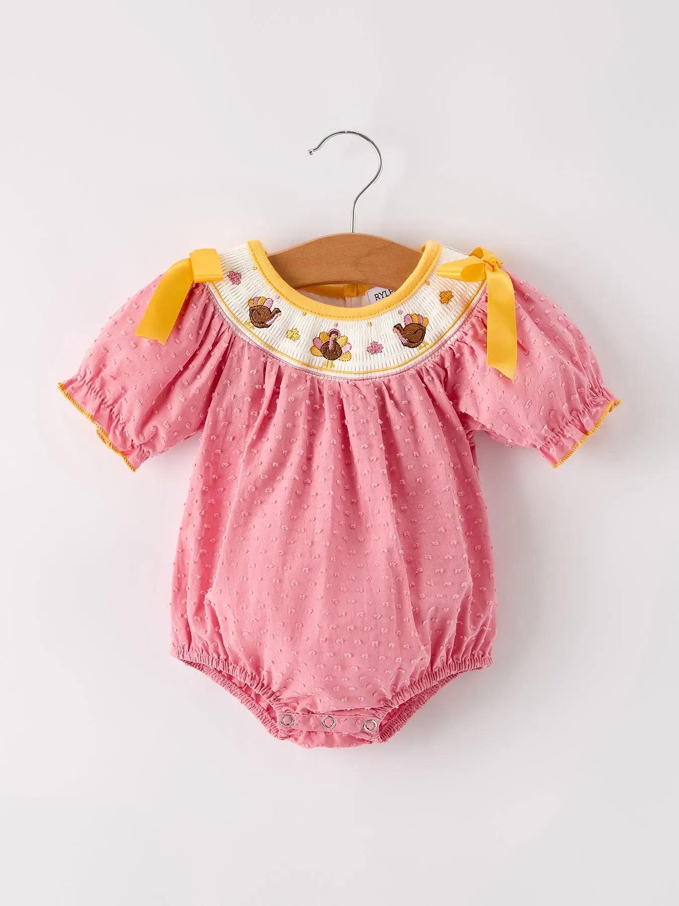 Fall Thanksgiving Turkey Leaf Embroidery Smocking Bow Baby Girls Romper Rylee Faith Designs