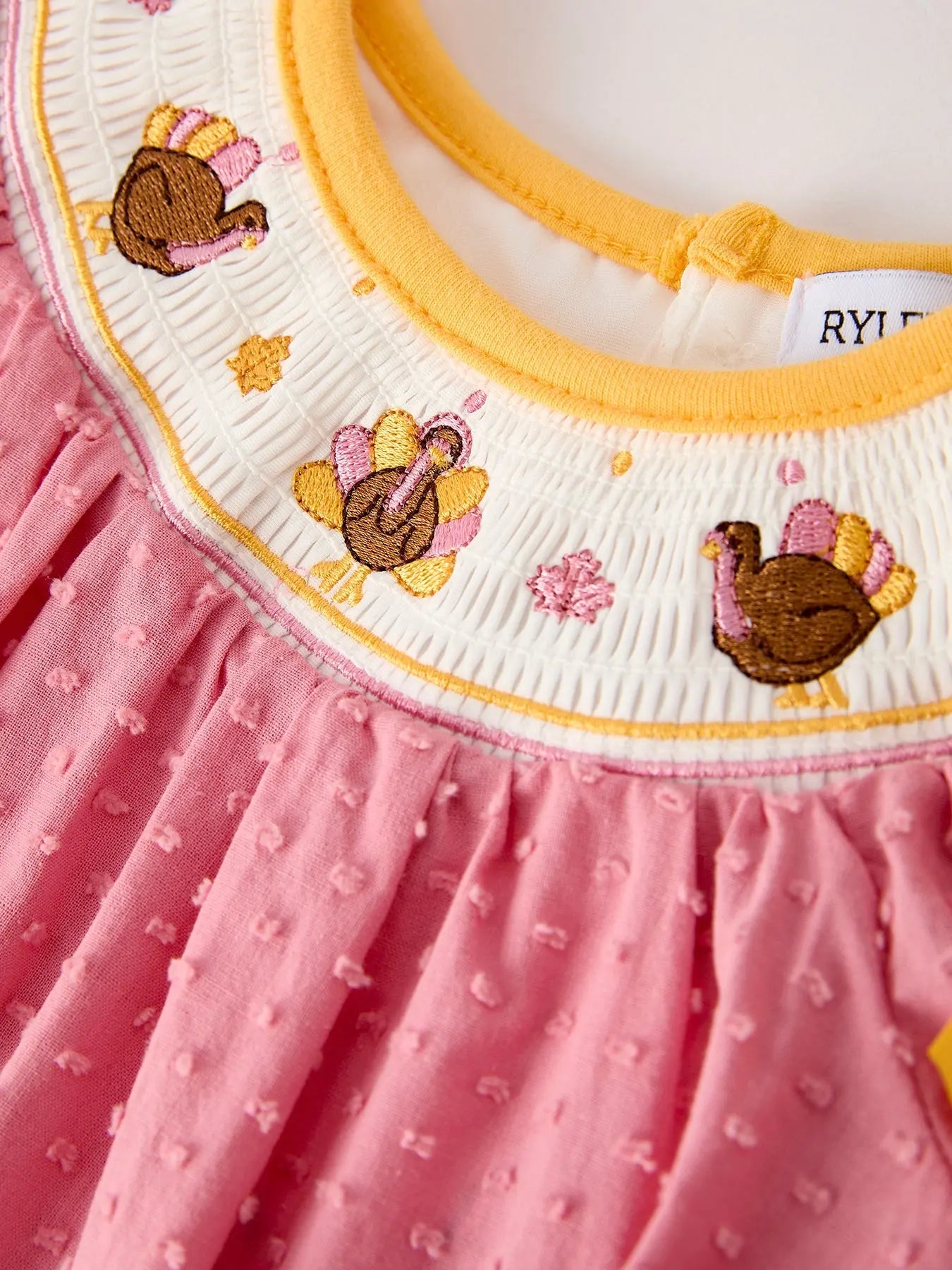 Fall Thanksgiving Turkey Leaf Embroidery Smocking Bow Baby Girls Romper Rylee Faith Designs