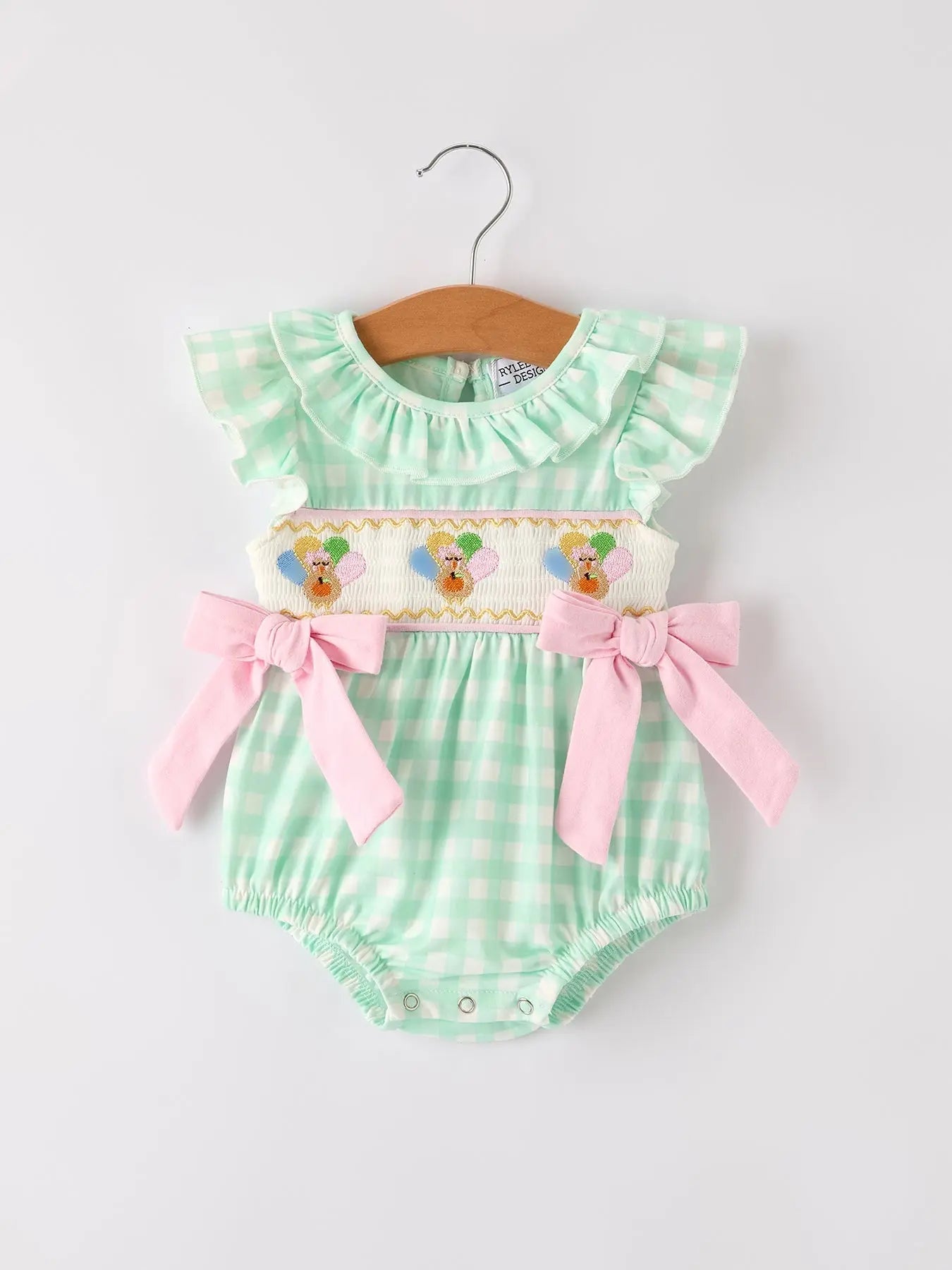 Fall Thanksgiving Green Chicken Smock Embroidered Plaid Baby Girls Romper Rylee Faith Designs