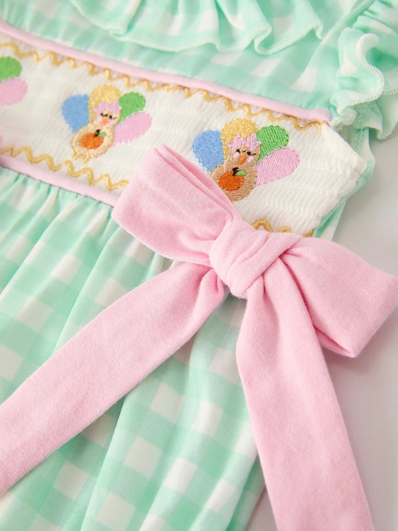 Fall Thanksgiving Green Chicken Smock Embroidered Plaid Baby Girls Romper Rylee Faith Designs