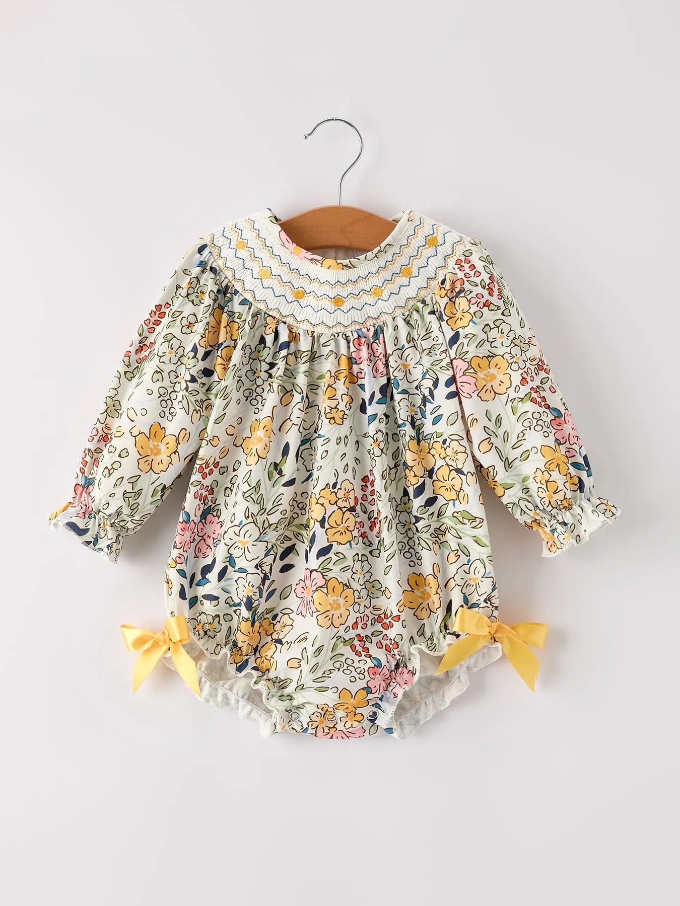 Fall Embroidery Smocking Bow Floral Leaf Baby Girls Romper Rylee Faith Designs