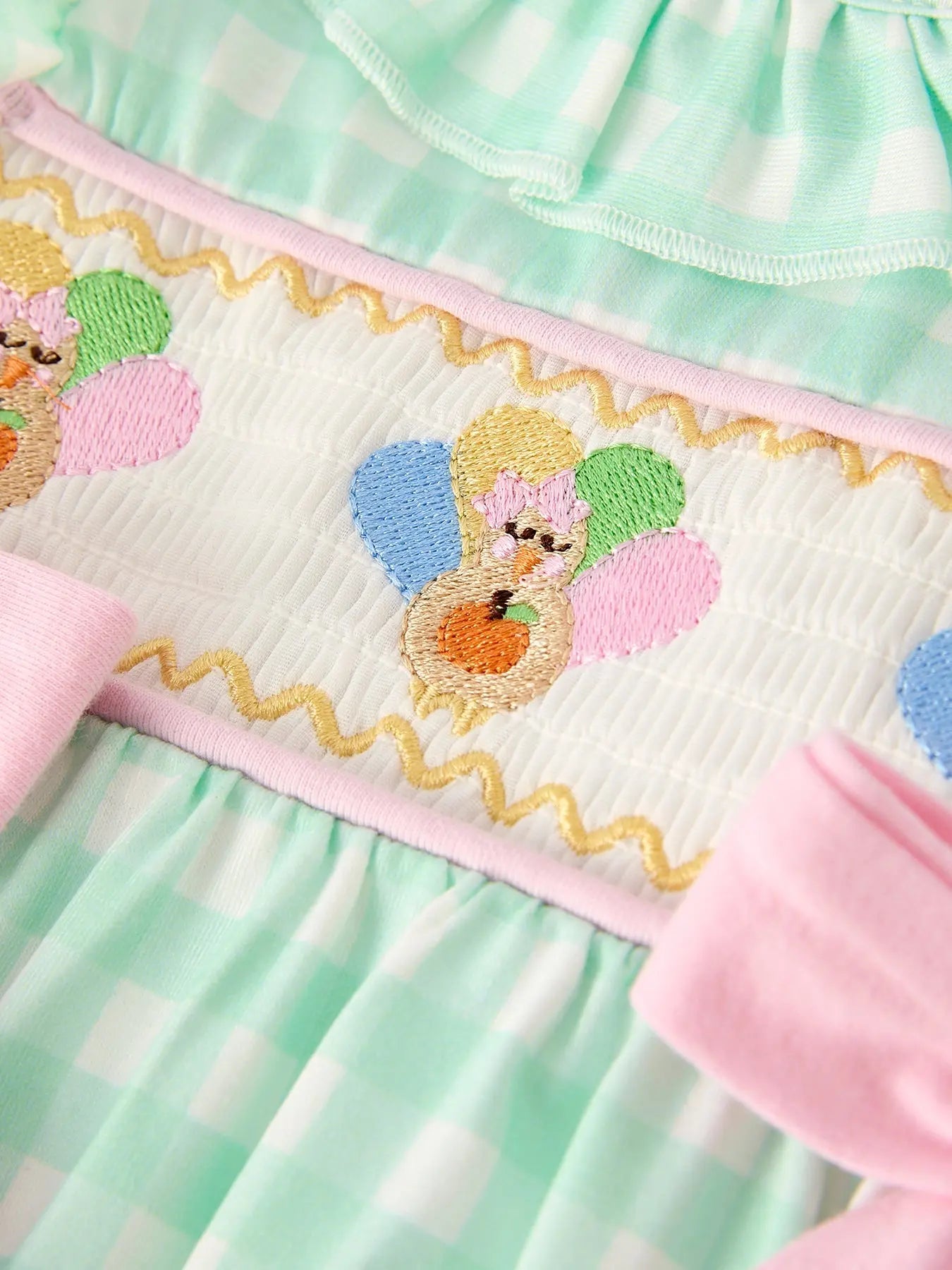 Fall Thanksgiving Green Chicken Smock Embroidered Plaid Baby Girls Romper Rylee Faith Designs