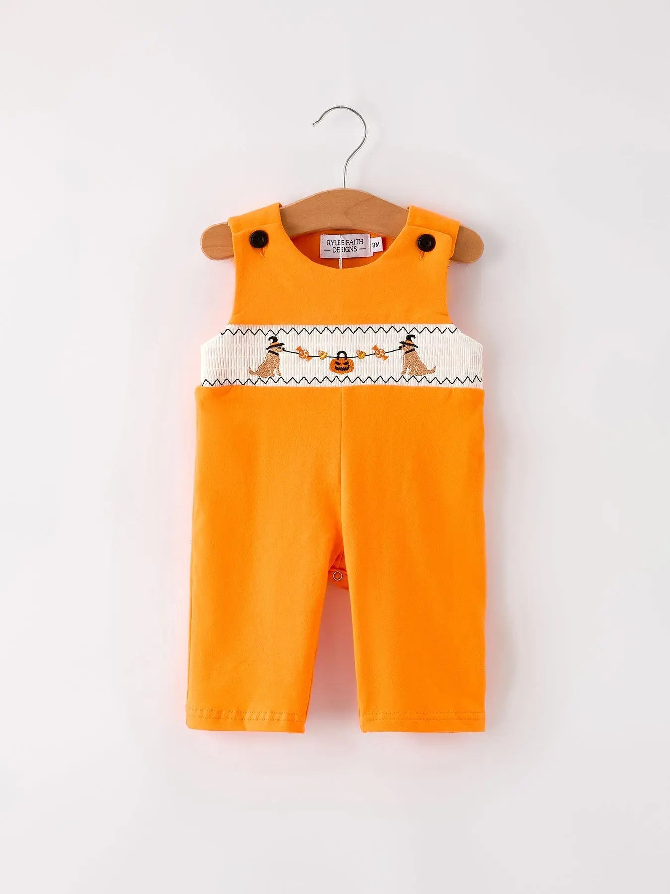 Fall Halloween Orange Embroidery Smocking Baby Boys Romper Rylee Faith Designs