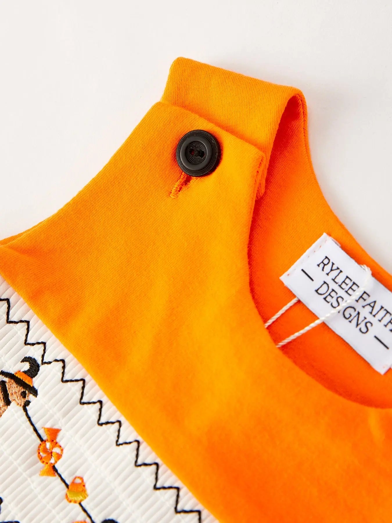 Fall Halloween Orange Embroidery Smocking Baby Boys Romper Rylee Faith Designs
