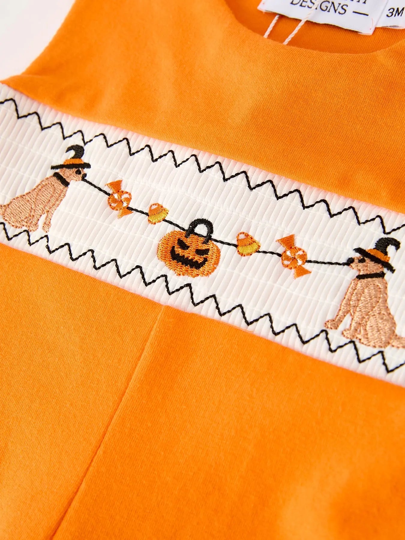 Fall Halloween Orange Embroidery Smocking Baby Boys Romper Rylee Faith Designs