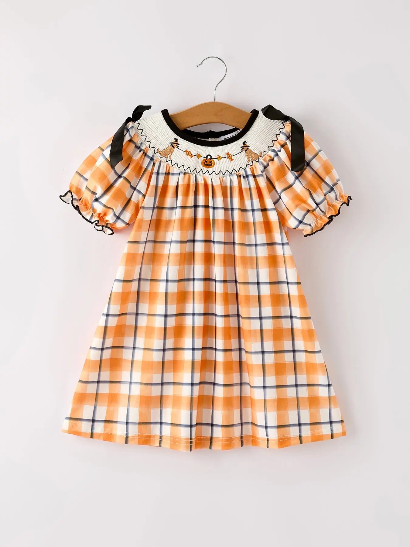 Fall Halloween Orange Embroidery Smocking Girls Dress Rylee Faith Designs