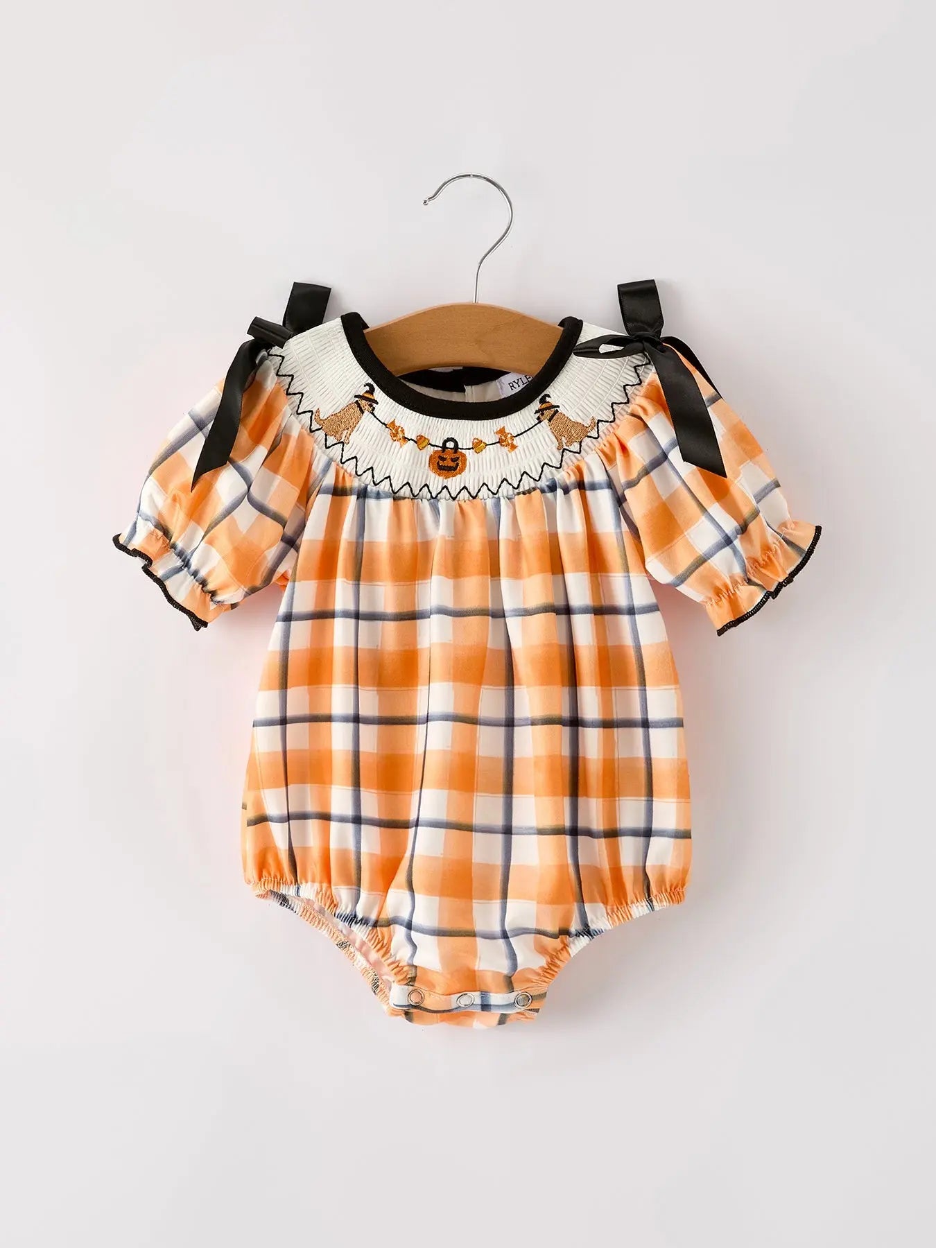 Fall Halloween Orange Embroidery Smocking Plaid Bow Baby Girls Romper Rylee Faith Designs