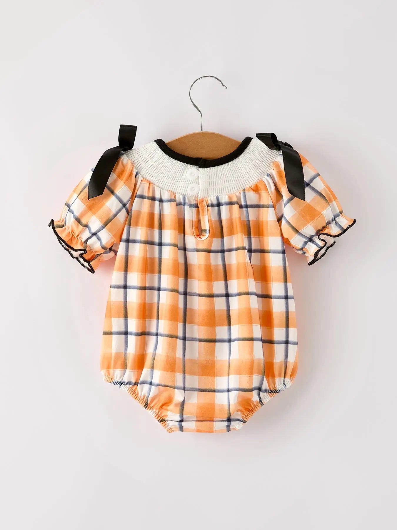 Fall Halloween Orange Embroidery Smocking Plaid Bow Baby Girls Romper Rylee Faith Designs