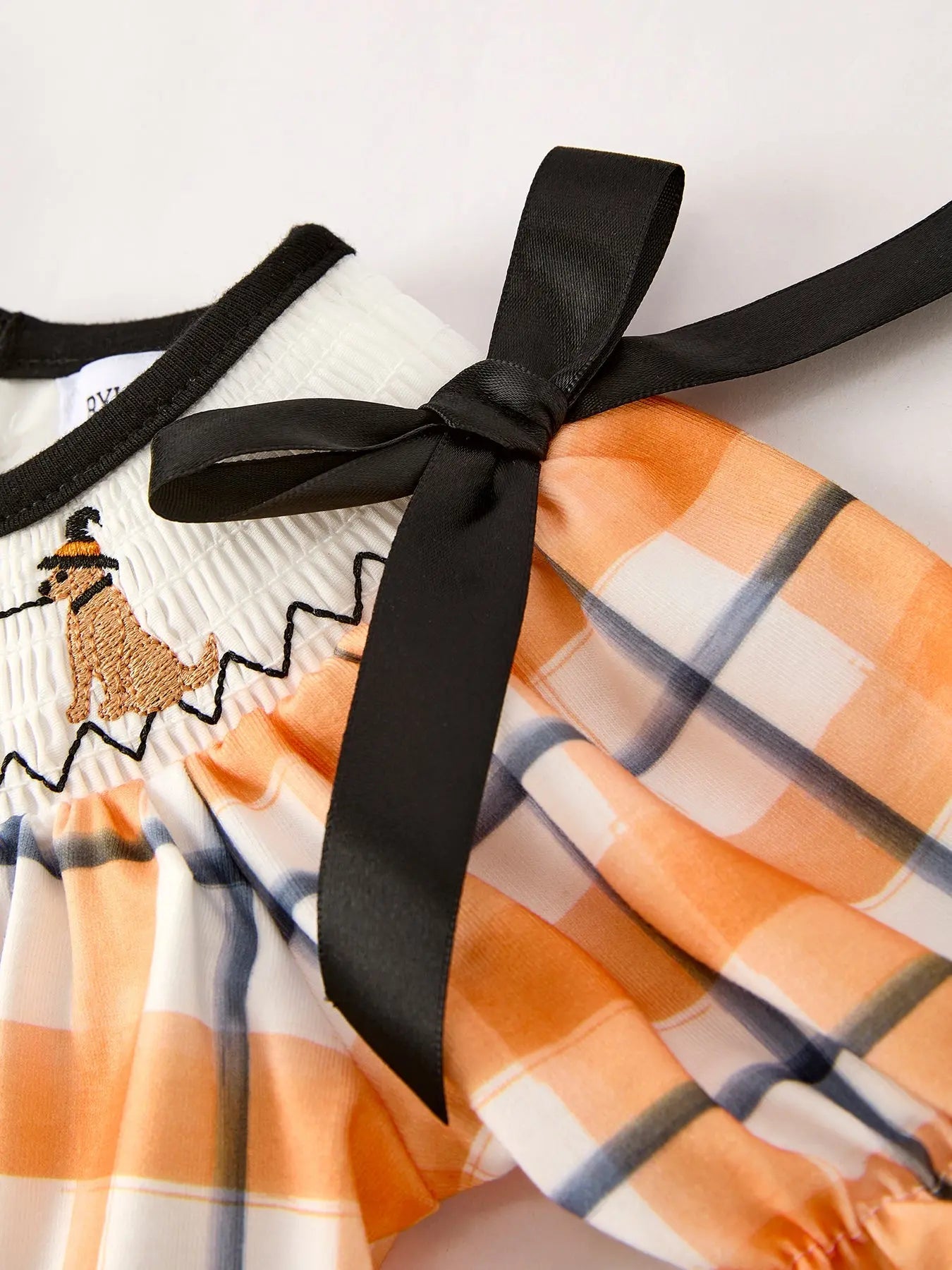 Fall Halloween Orange Embroidery Smocking Plaid Bow Baby Girls Romper Rylee Faith Designs