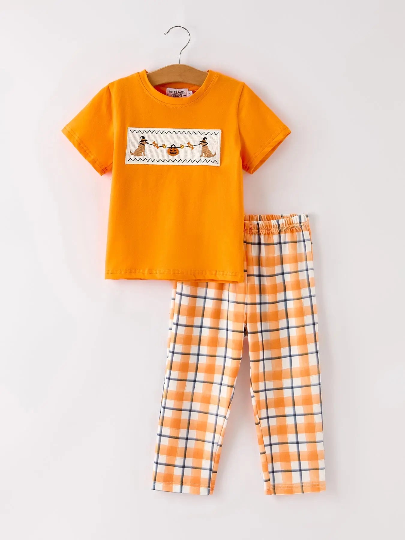 Fall Halloween Orange Embroidery Smocking Boys Set Rylee Faith Designs