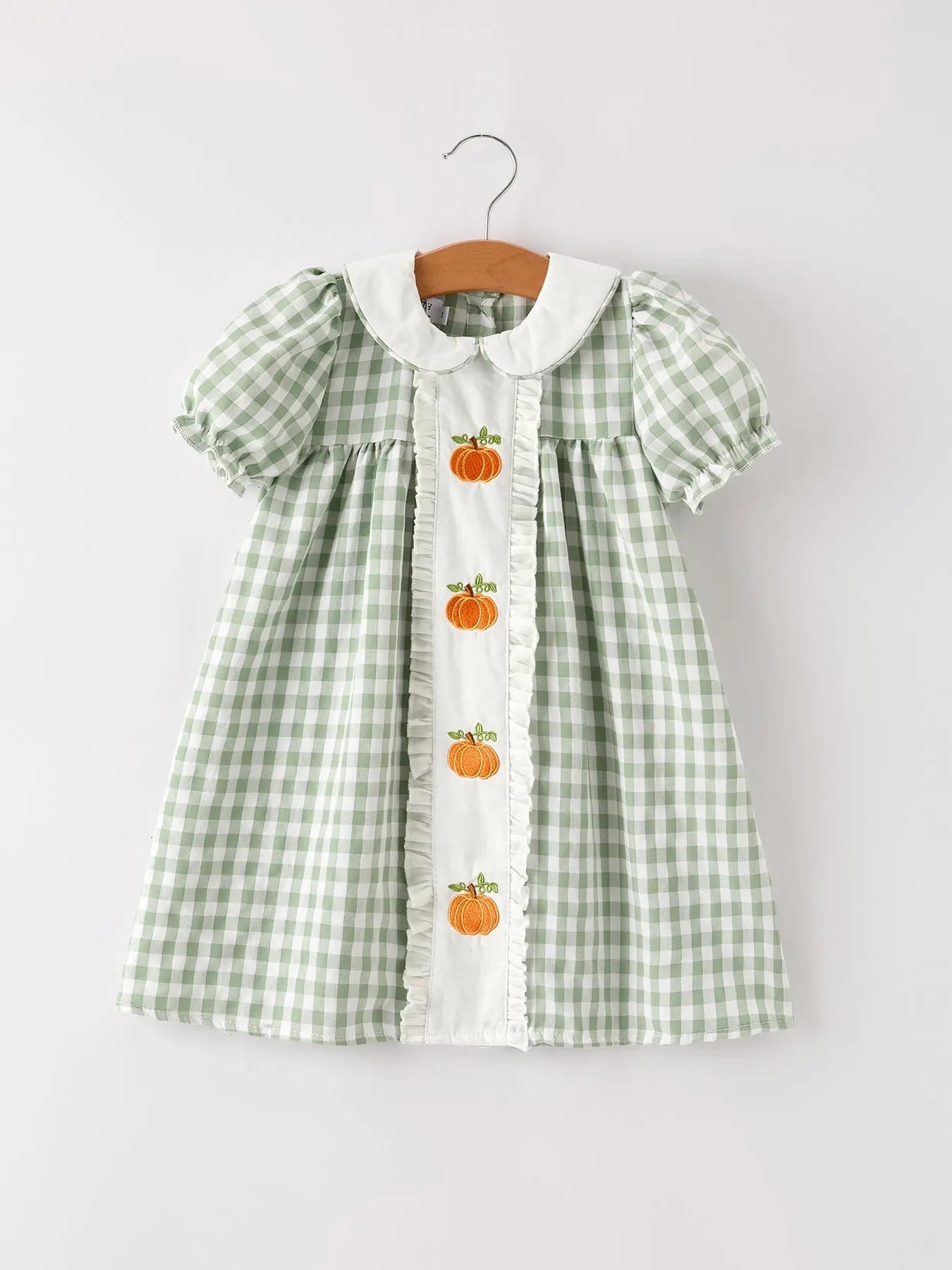 Fall Halloween And Thanksgiving Pumpkin Applique Plaid Green Girls Dress Rylee Faith Designs