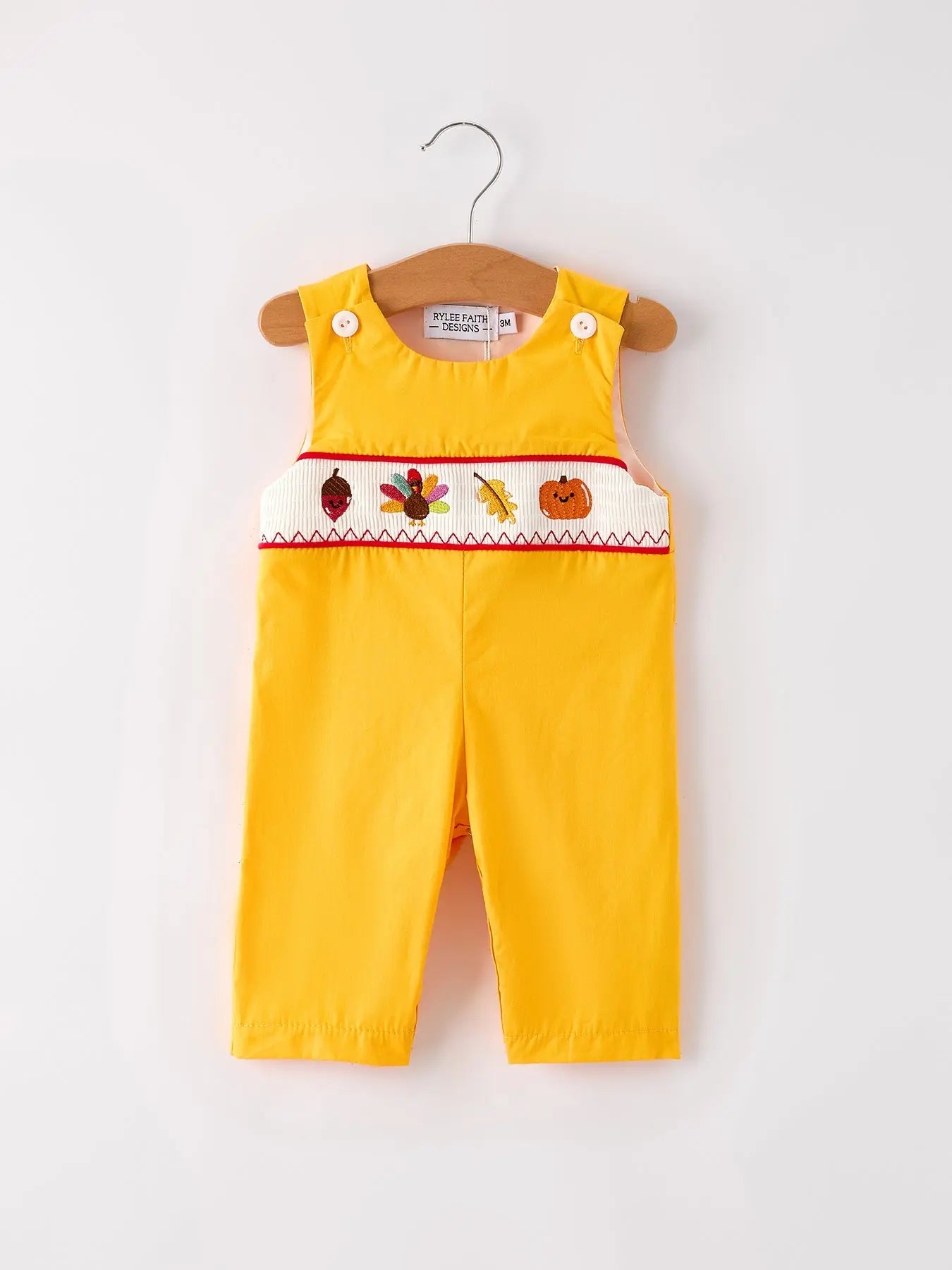Fall Halloween and Thanksgiving Turkey Nuts Smock Embroidered Yellow Boys Romper Rylee Faith Designs