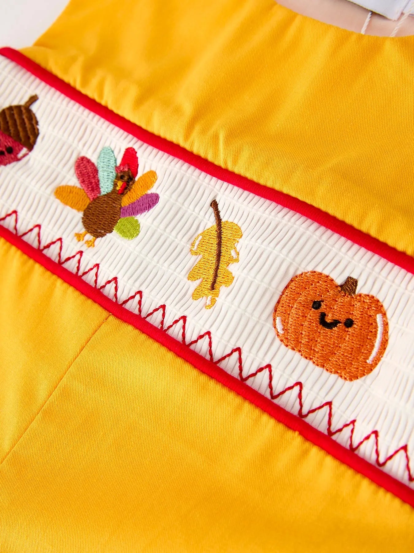 Fall Halloween and Thanksgiving Turkey Nuts Smock Embroidered Yellow Boys Romper Rylee Faith Designs