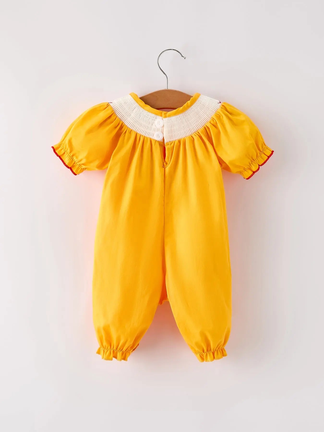 Fall Halloween Thanksgiving Turkey Smock Embroidered Yellow Baby Girl Romper Rylee Faith Designs