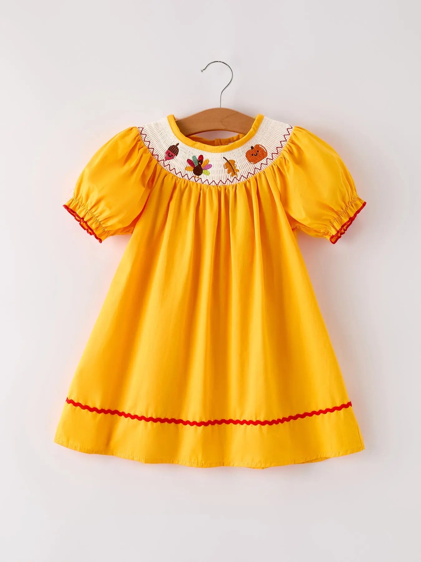 Fall Halloween and Thanksgiving Turkey Embroidered Yellow Girls Dress Rylee Faith Designs