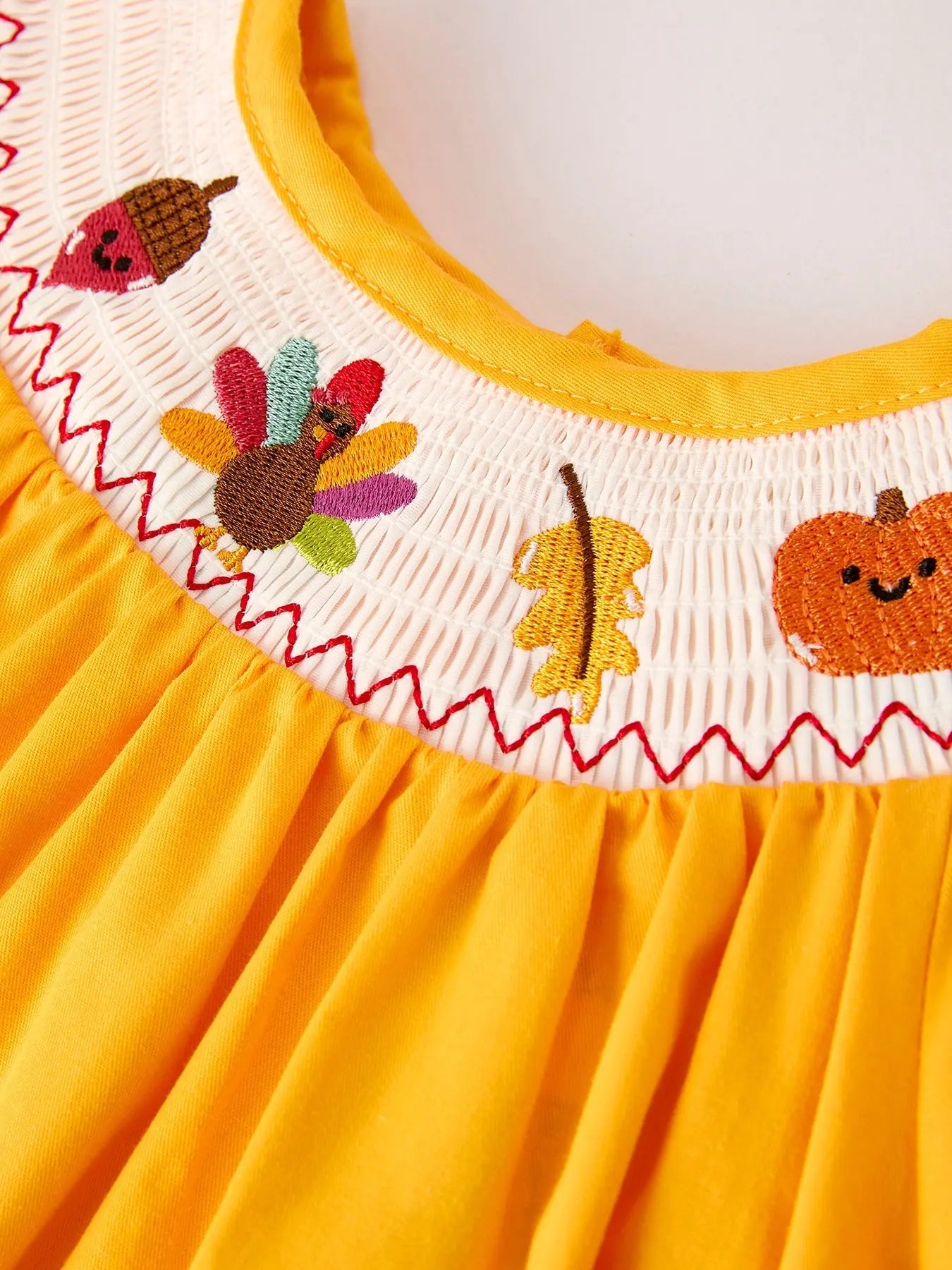 Fall Halloween and Thanksgiving Turkey Embroidered Yellow Girls Dress Rylee Faith Designs