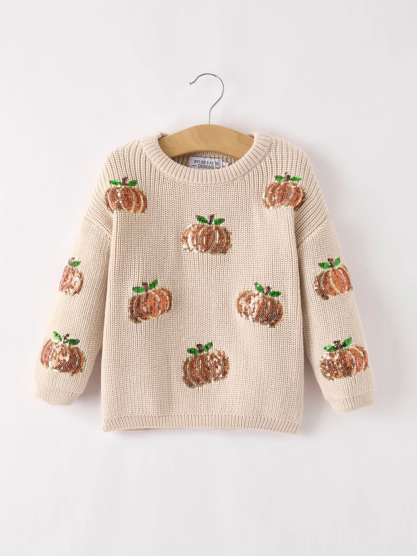 Thanksgiving Halloween Pumpkin Sequin Sweater Beige Perfect for Fall Rylee Faith Designs