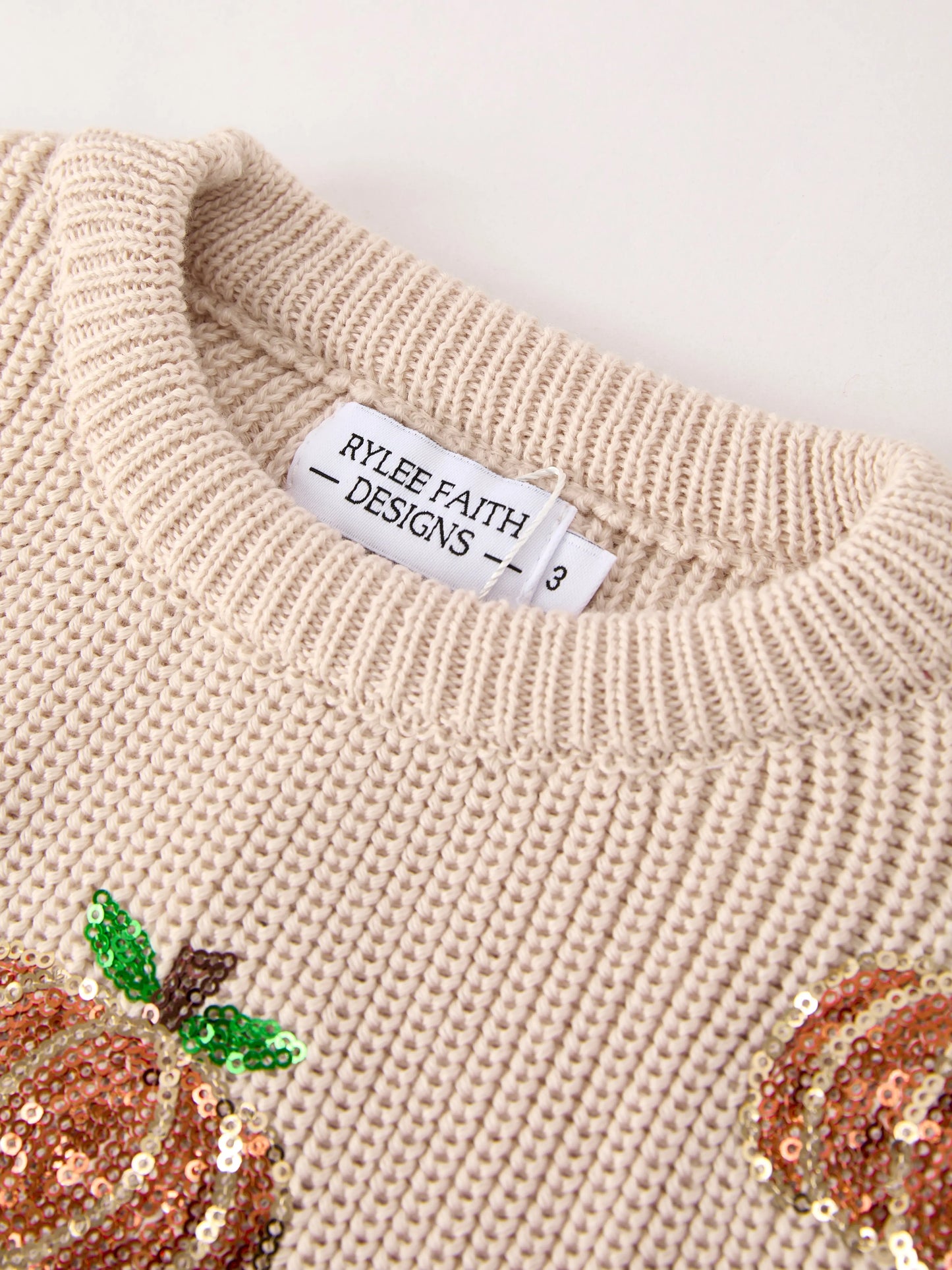 Thanksgiving Halloween Pumpkin Sequin Sweater Beige Perfect for Fall Rylee Faith Designs