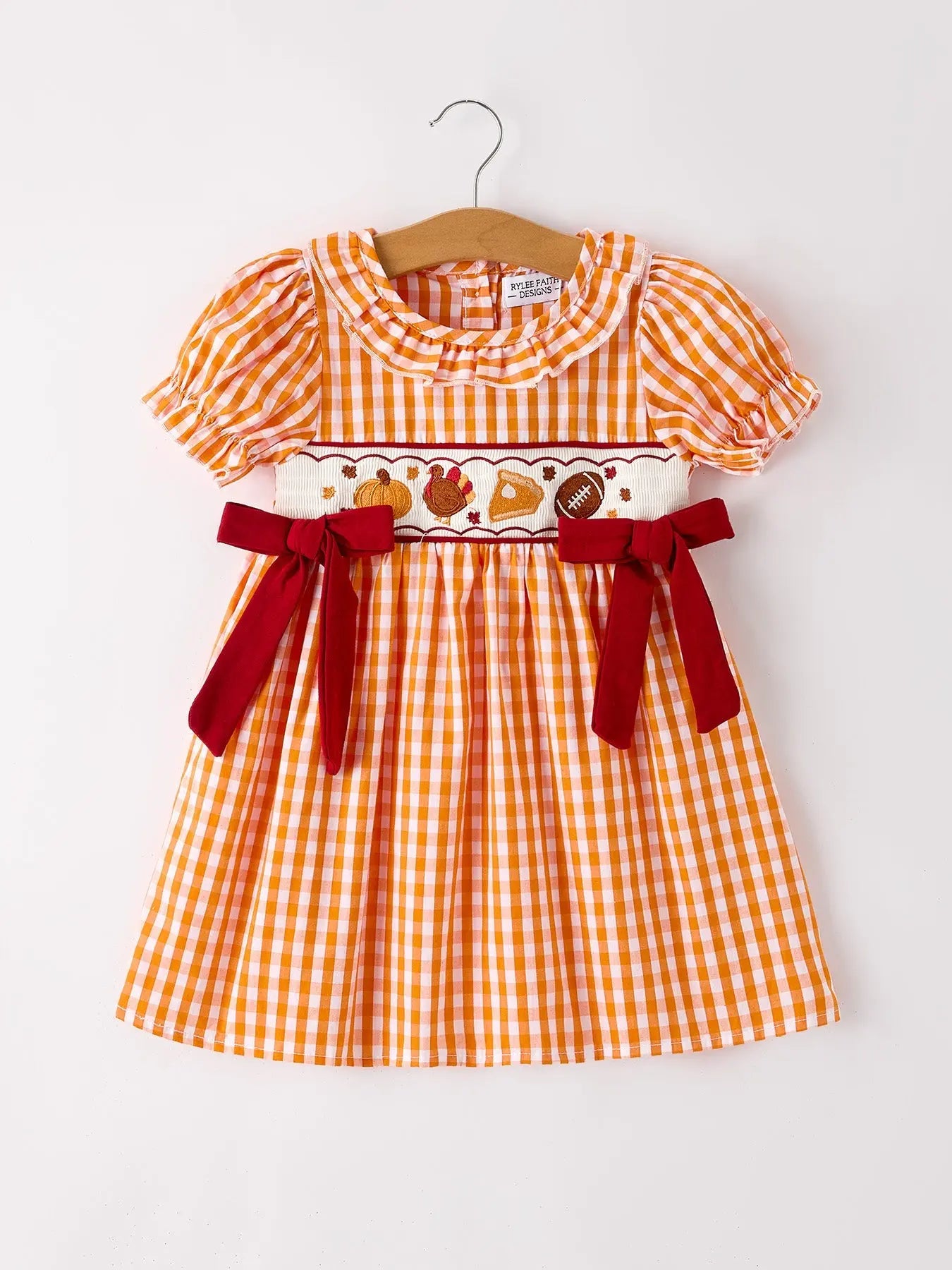 Fall Embroidered Dress For Girls Orange Checkered With Halloween Details Rylee Faith Designs