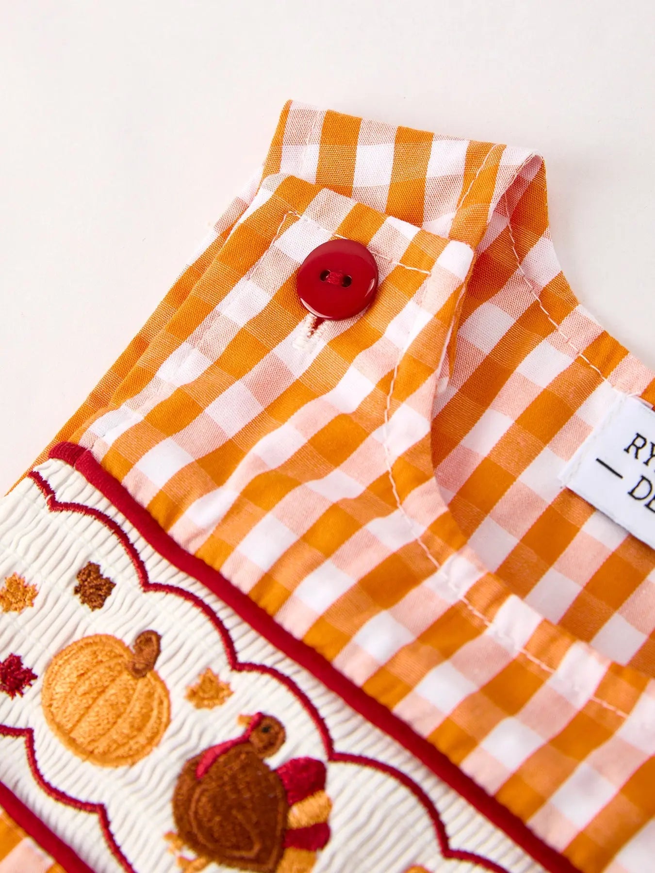 Fall Embroidered Romper for Baby Boys Orange Checkered with Halloween Details Rylee Faith Designs
