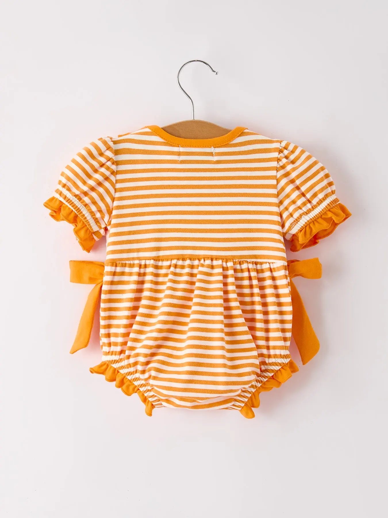 Halloween Striped Baby Girls Romper with Cat Smocking Embroidery for Fall Rylee Faith Designs
