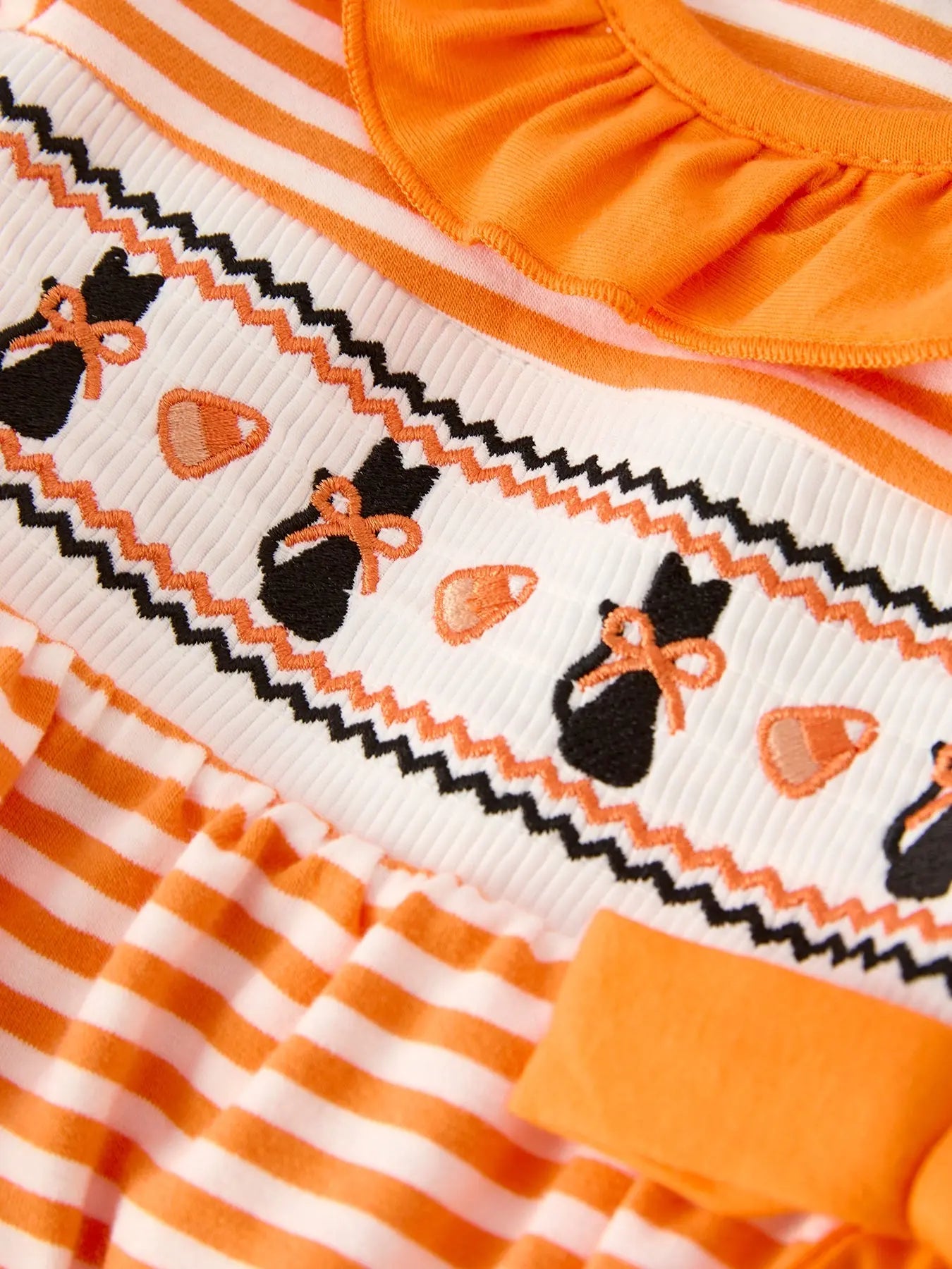 Halloween Striped Baby Girls Romper with Cat Smocking Embroidery for Fall Rylee Faith Designs